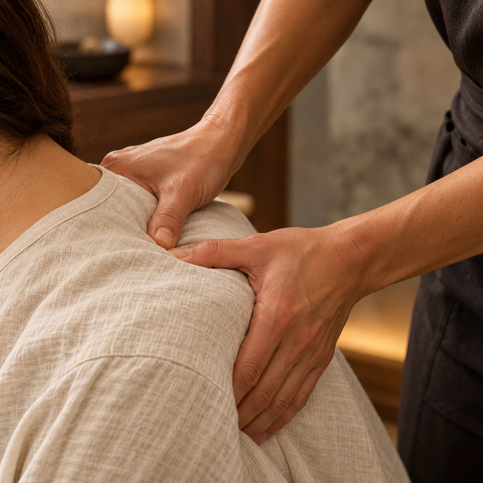 Hands applying firm, controlled pressure to a guest’s shoulder.
