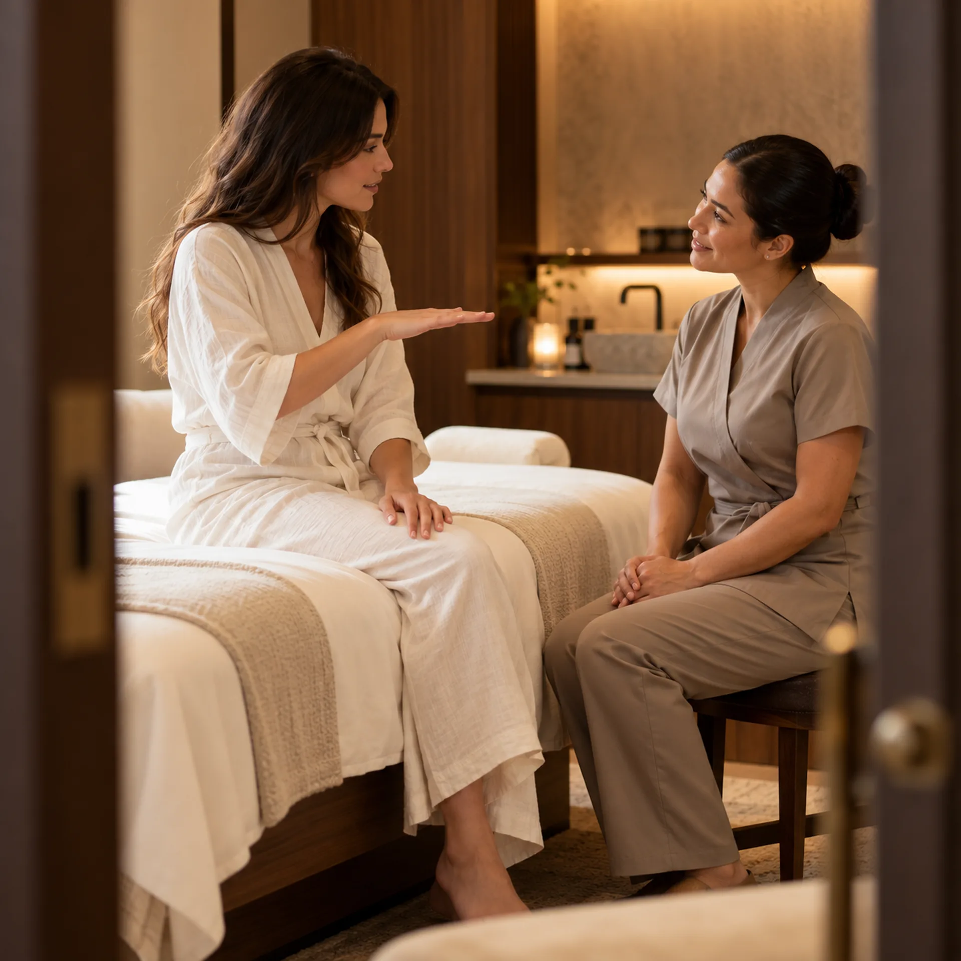 Guest discussing her preferred massage pressure with a therapist.