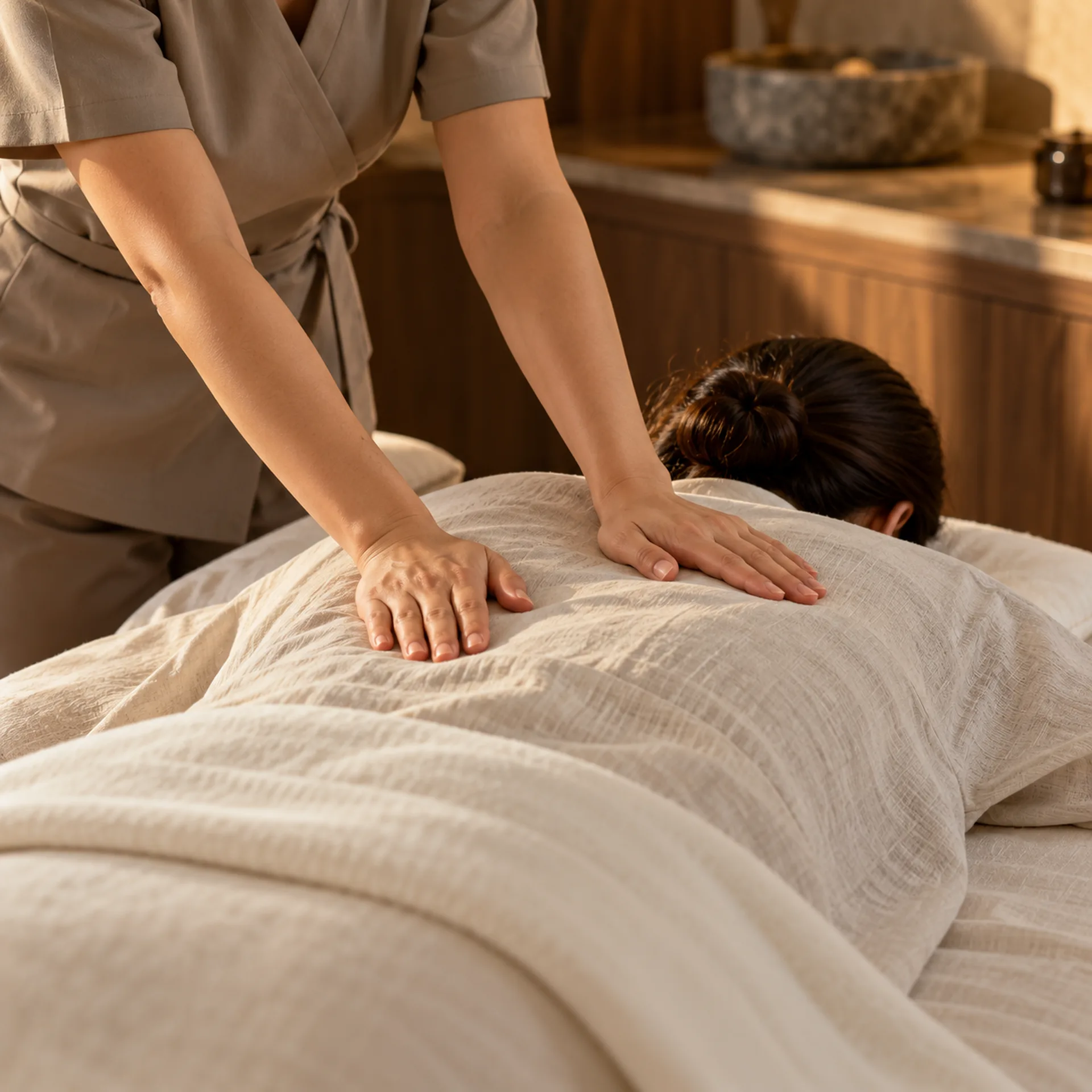 Therapist using both palms at a steady pace across a covered back.