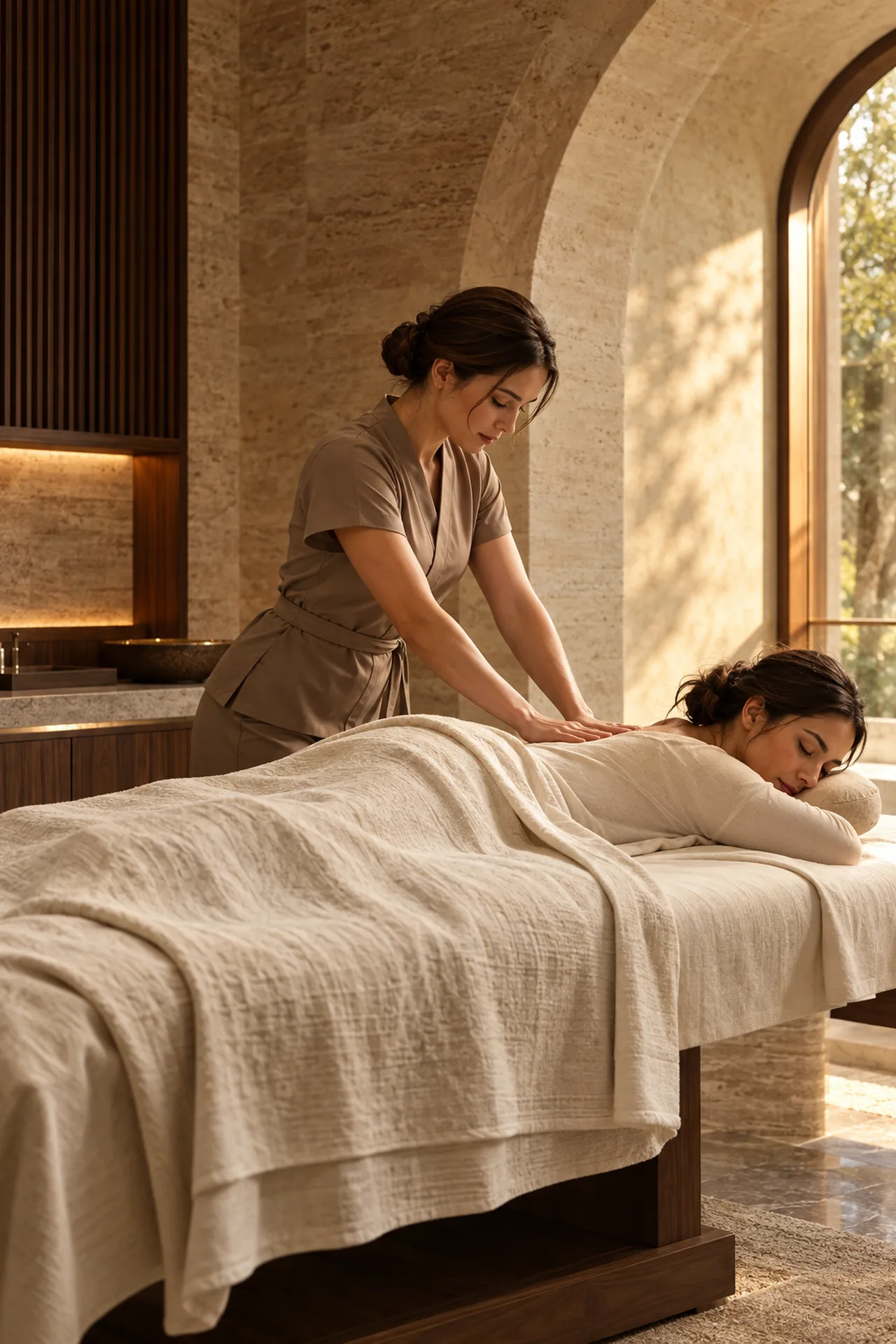 Therapist providing a measured back massage in a bright private spa room.