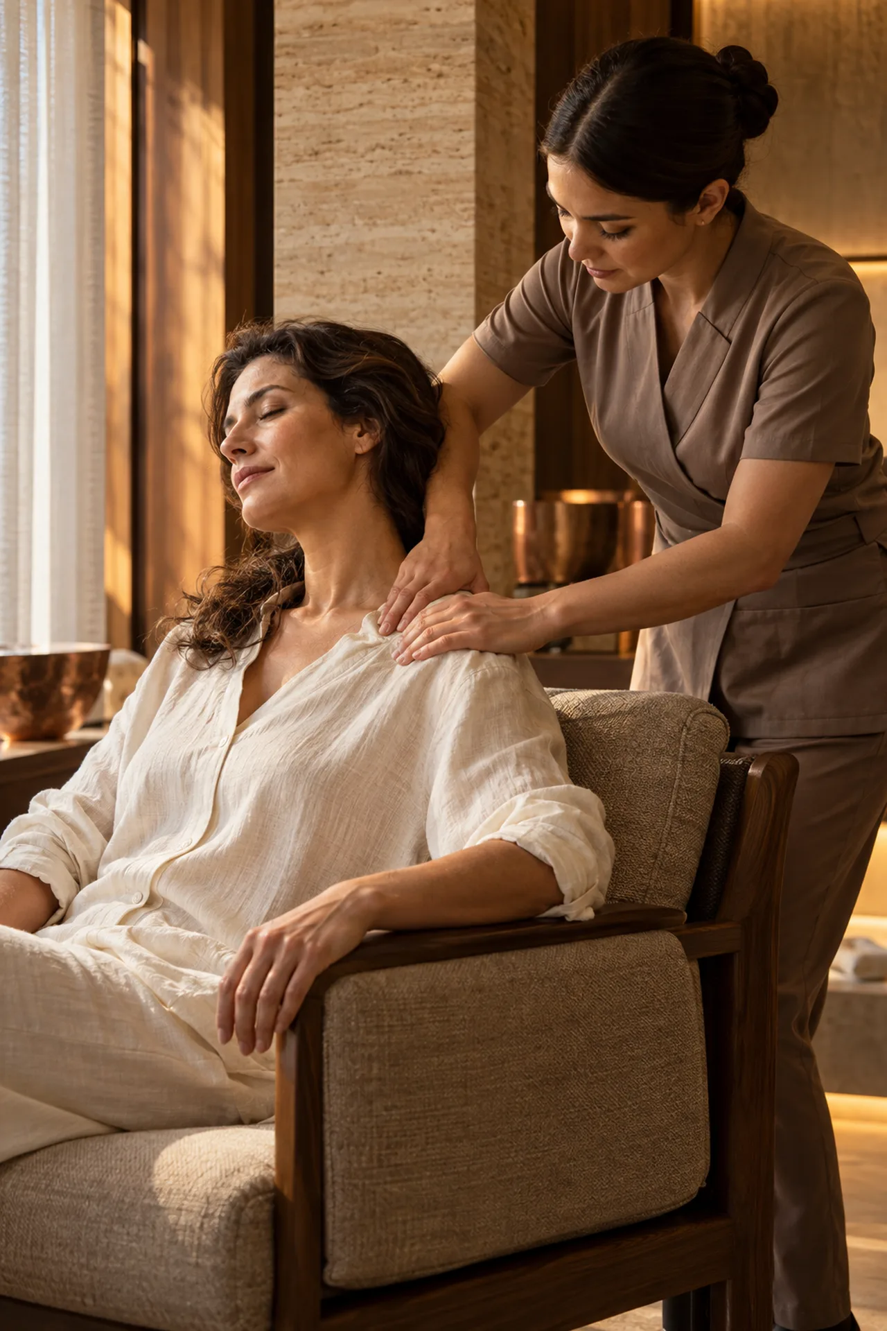 Therapist applying measured pressure to a seated guest’s shoulder.