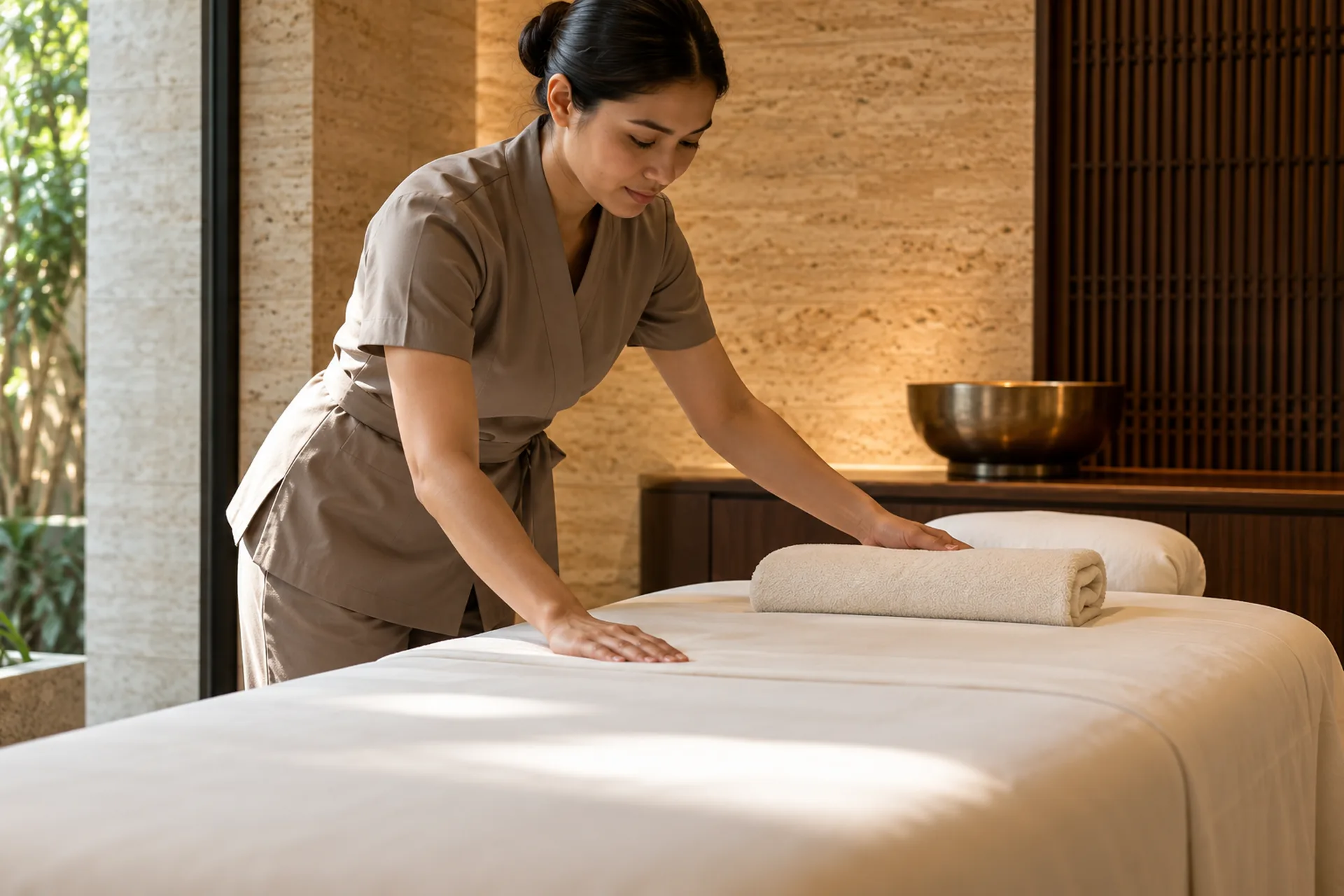 Step 2: Prepare and unwind Therapist preparing fresh linen and a towel on a massage bed.