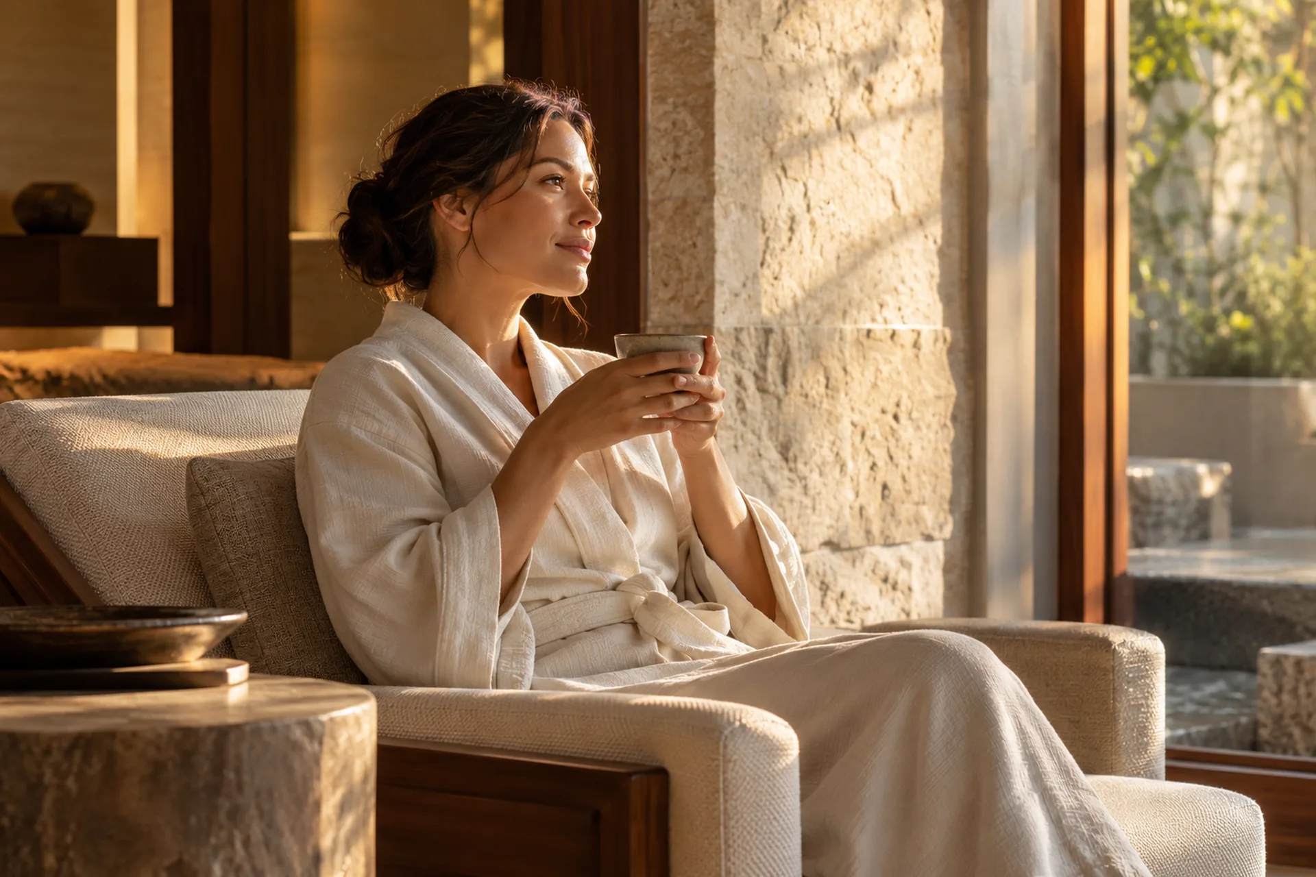 Step 4: Leave refreshed Guest enjoying a quiet cup of tea after a massage session.