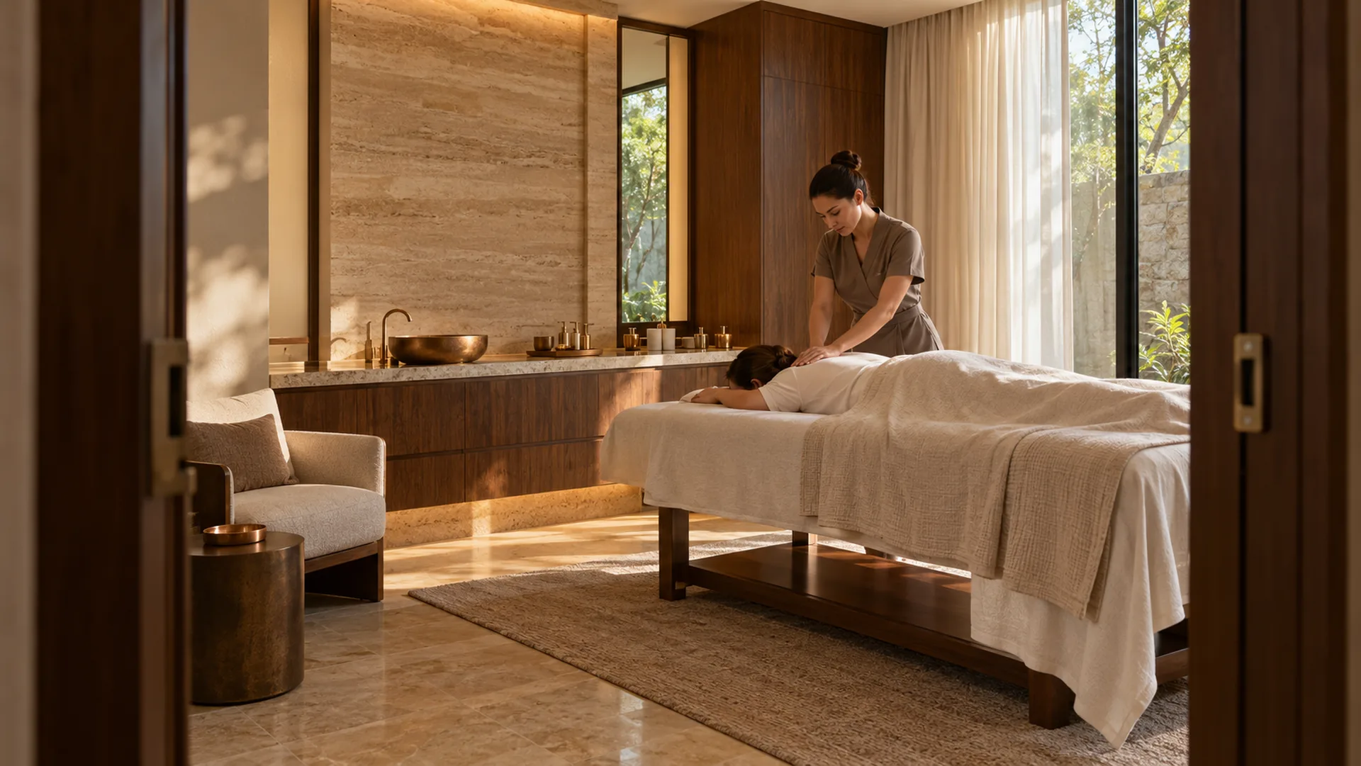 Private massage room with a therapist working on a guest’s upper back.