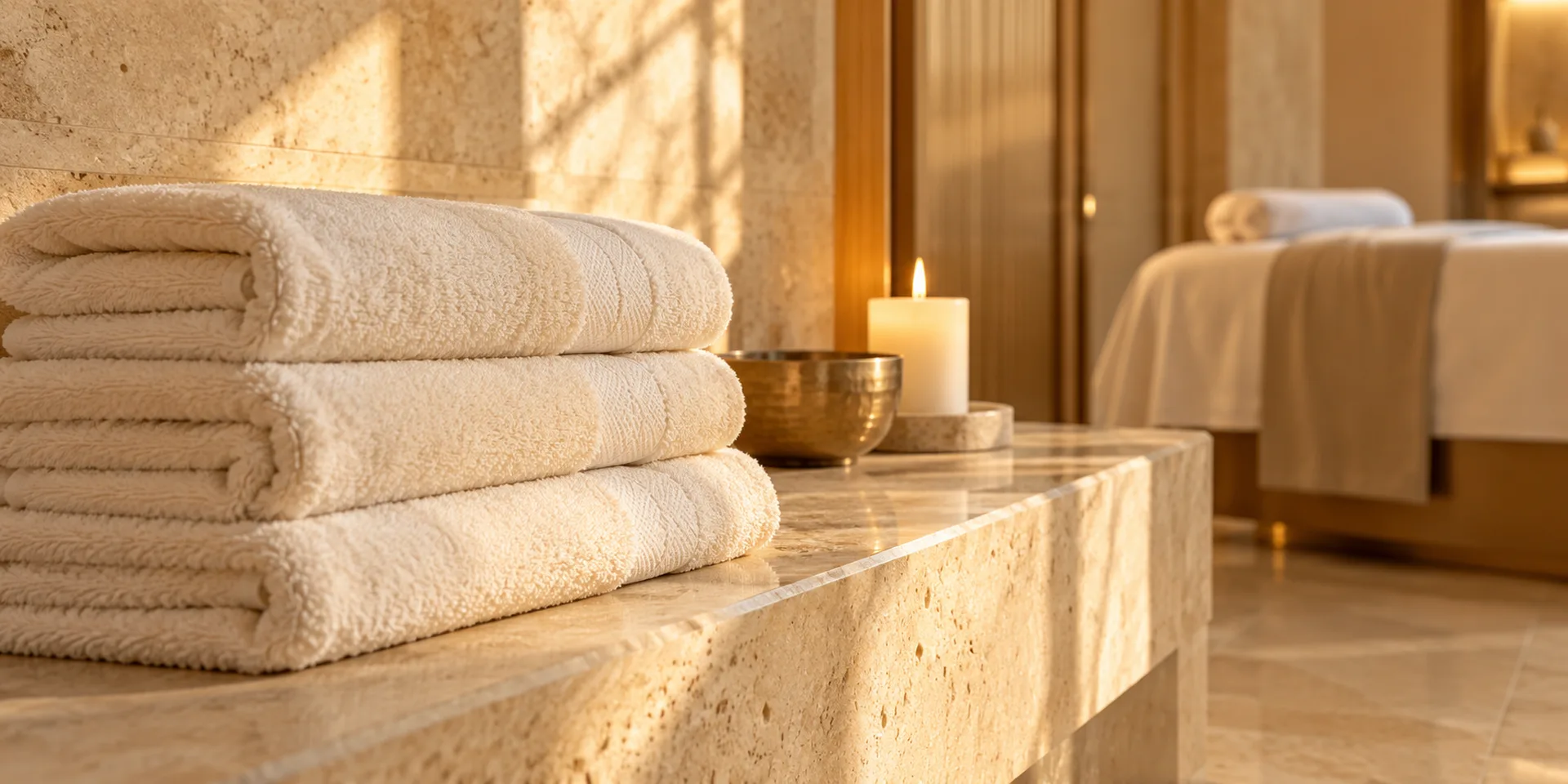 Folded cream towels, a brass bowl and a candle in the 60-minute full body massage room at RYOKO in Al Barsha, Dubai.