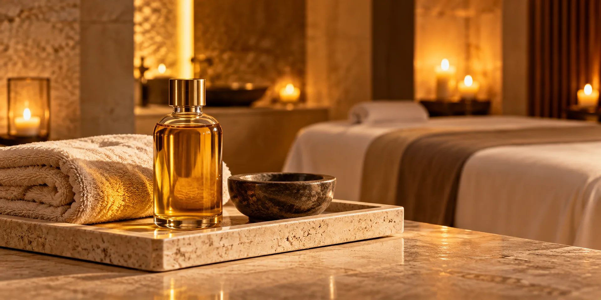 Amber massage oil, a stone bowl and a candlelit treatment table prepared for a 90-minute full body massage at RYOKO in Al Barsha, Dubai.