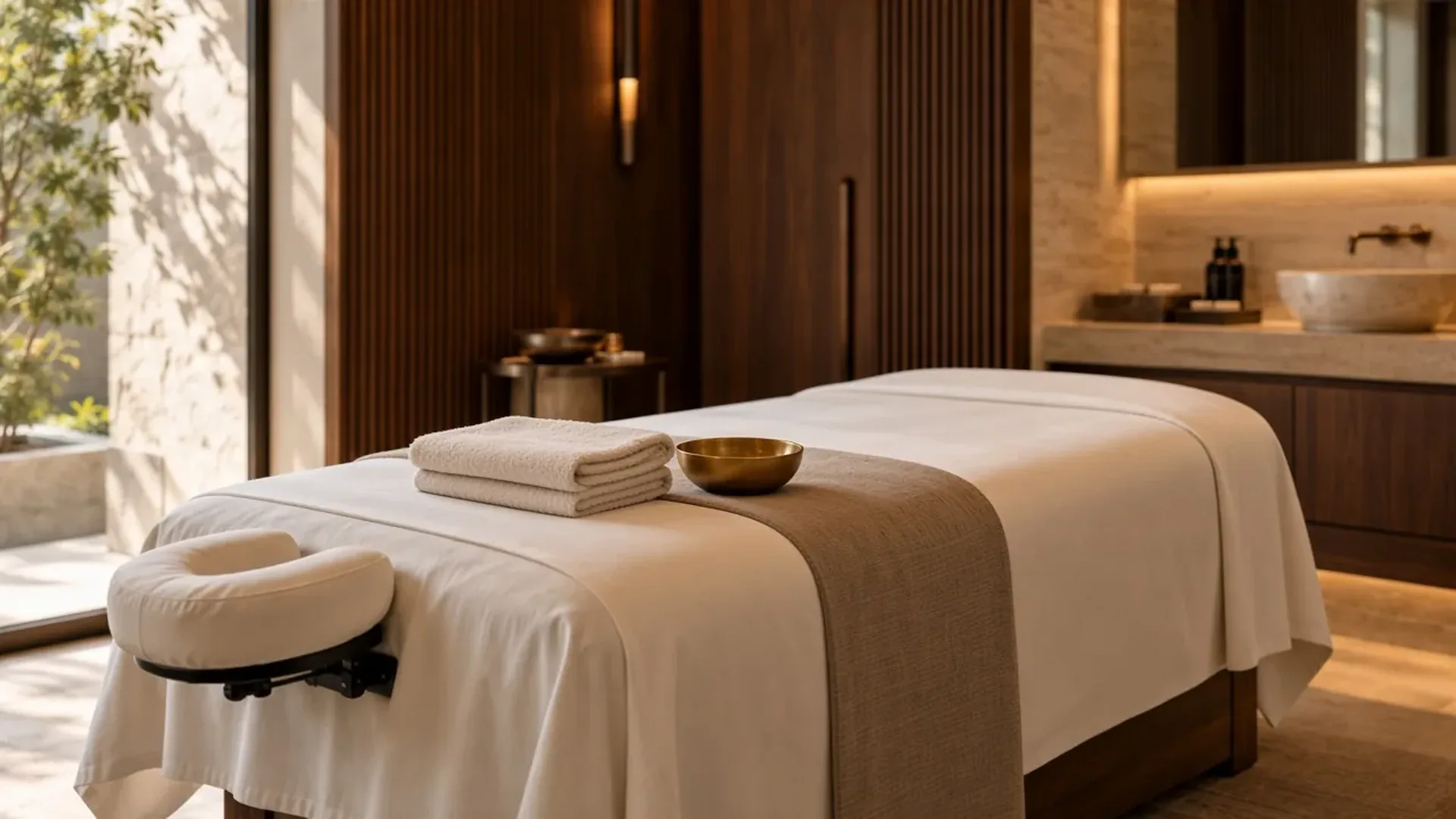 Warm private treatment room prepared for a full body massage at RYOKO Massage Center in Al Barsha, Dubai.