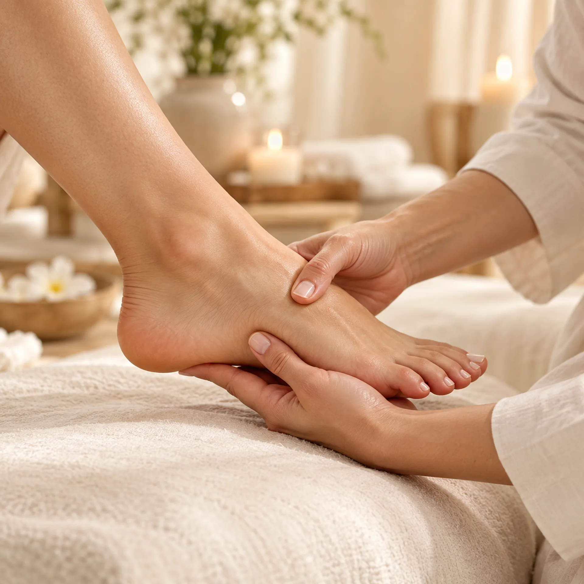 Therapist's hands supporting a guest's foot during a focused treatment.
