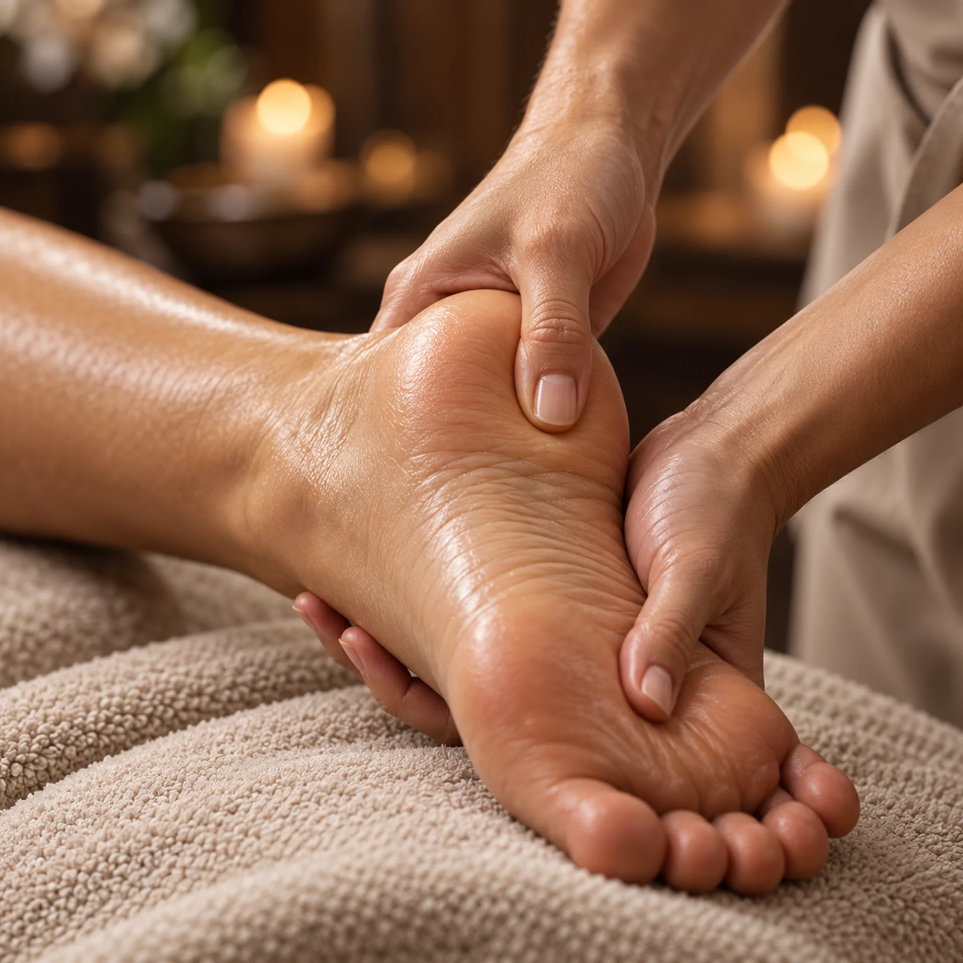 Close view of gentle, measured thumb pressure on the sole of a foot.