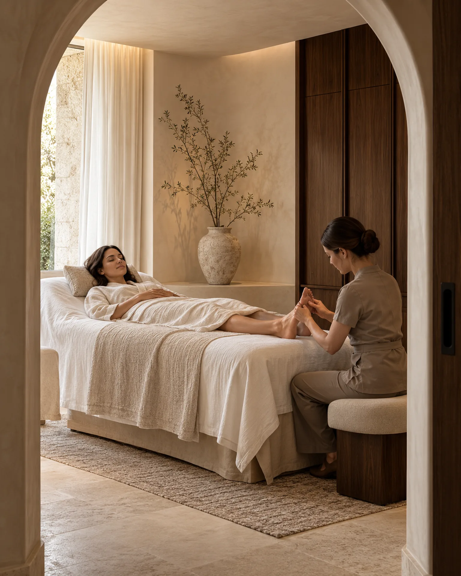 Foot reflexology session in a quiet private spa treatment room.