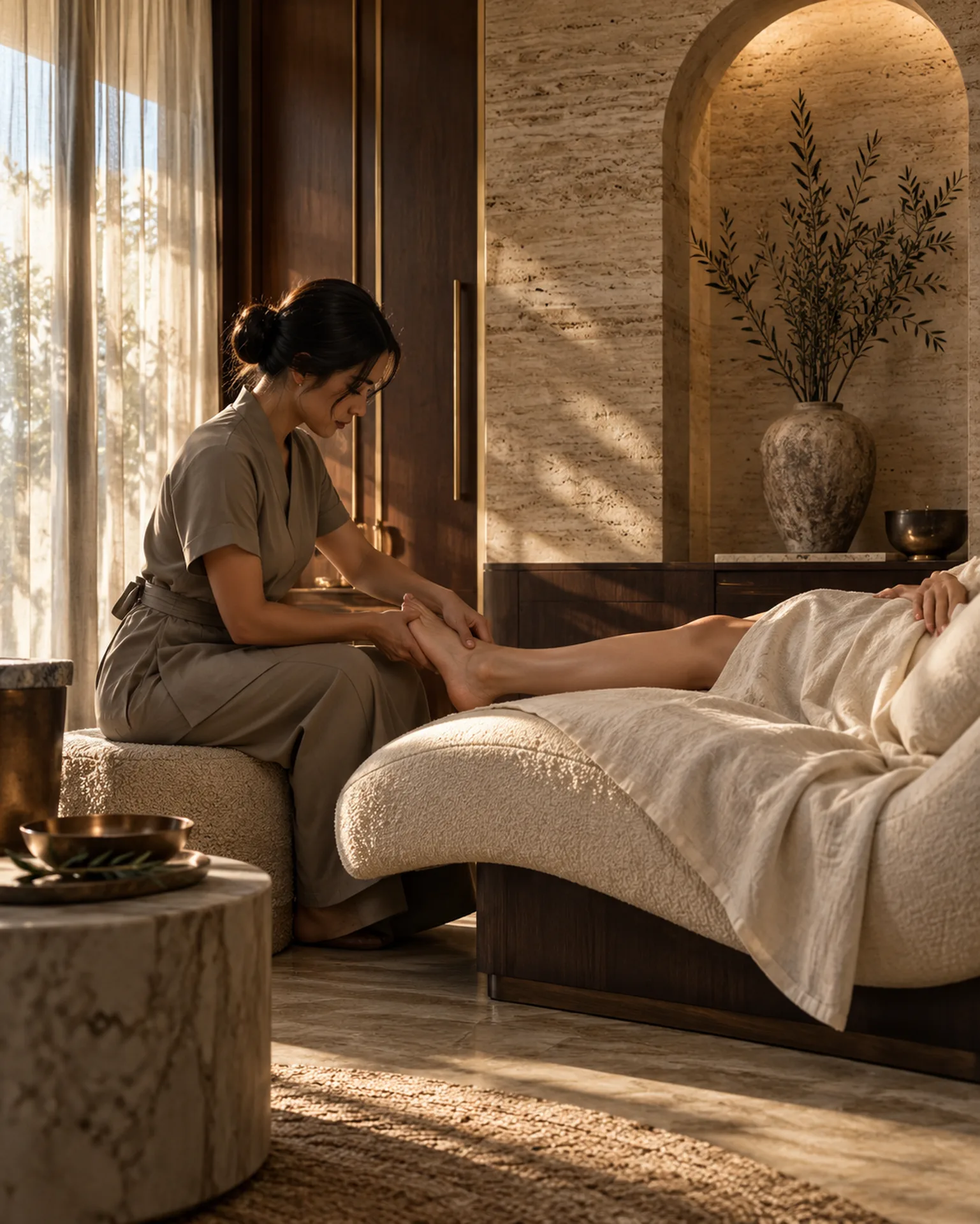 Therapist working gently on a guest's foot in a warm private spa room.