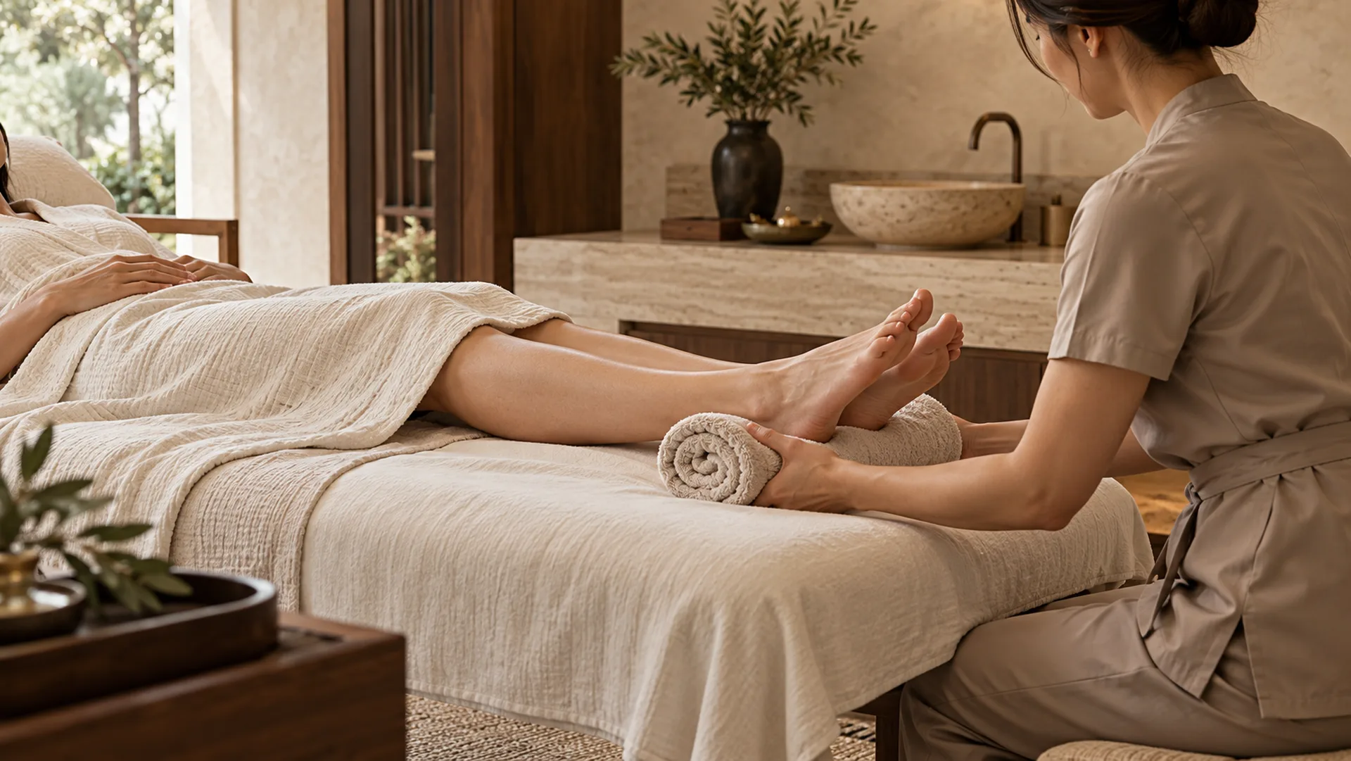 Step 2: Prepare and unwind Therapist positioning a towel beneath a guest's ankles before reflexology.
