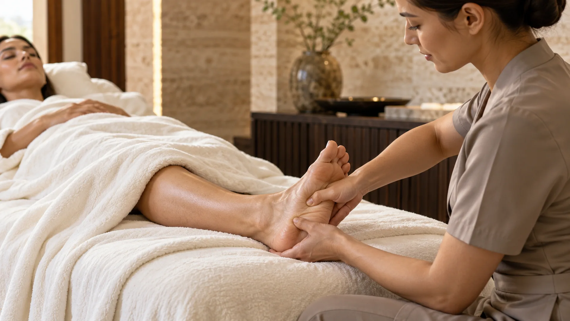 Step 3: Reflexology foot treatment Therapist applying measured thumb pressure to the arch of a guest's foot.
