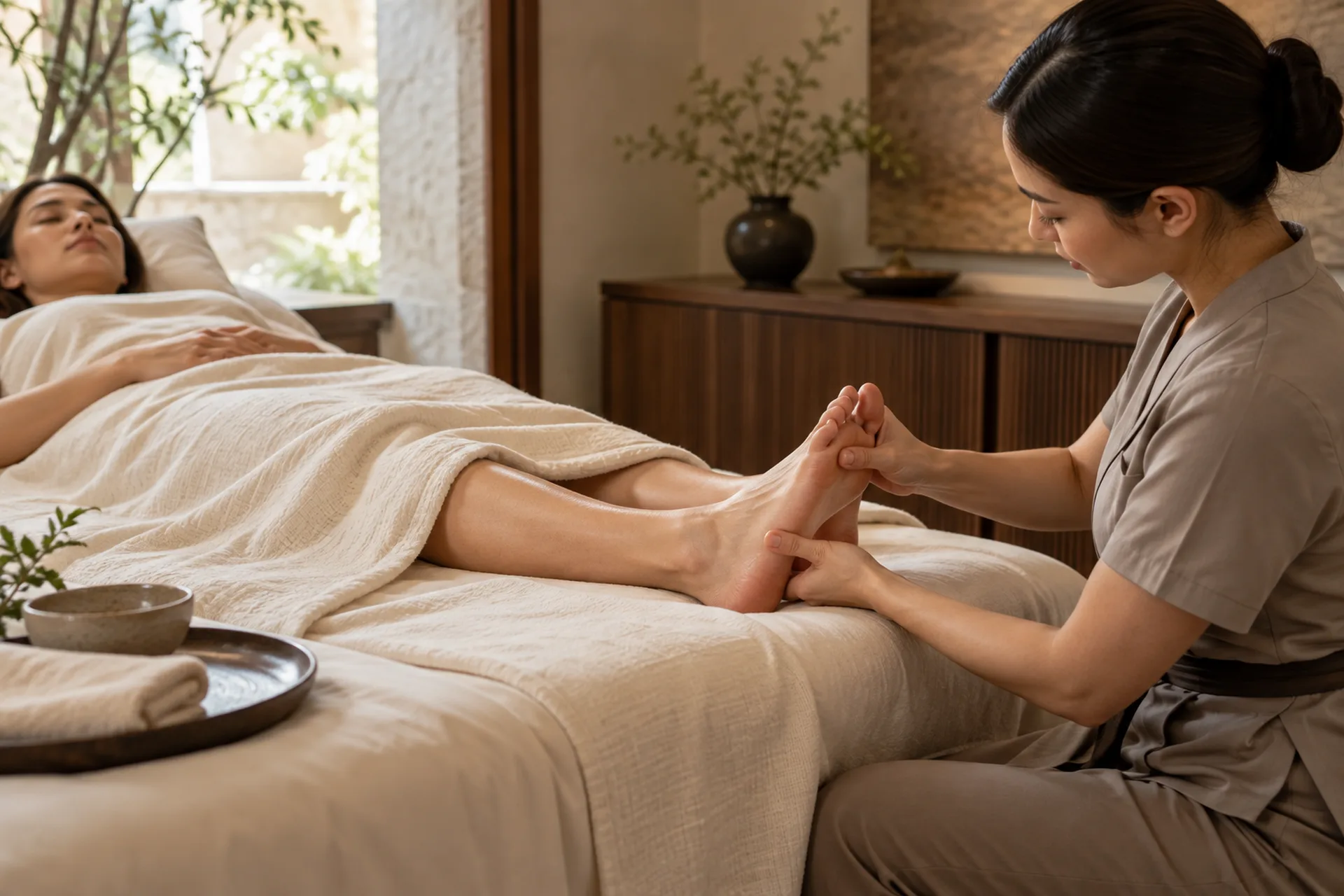 Guest receiving a focused foot reflexology treatment while resting on a spa bed.
