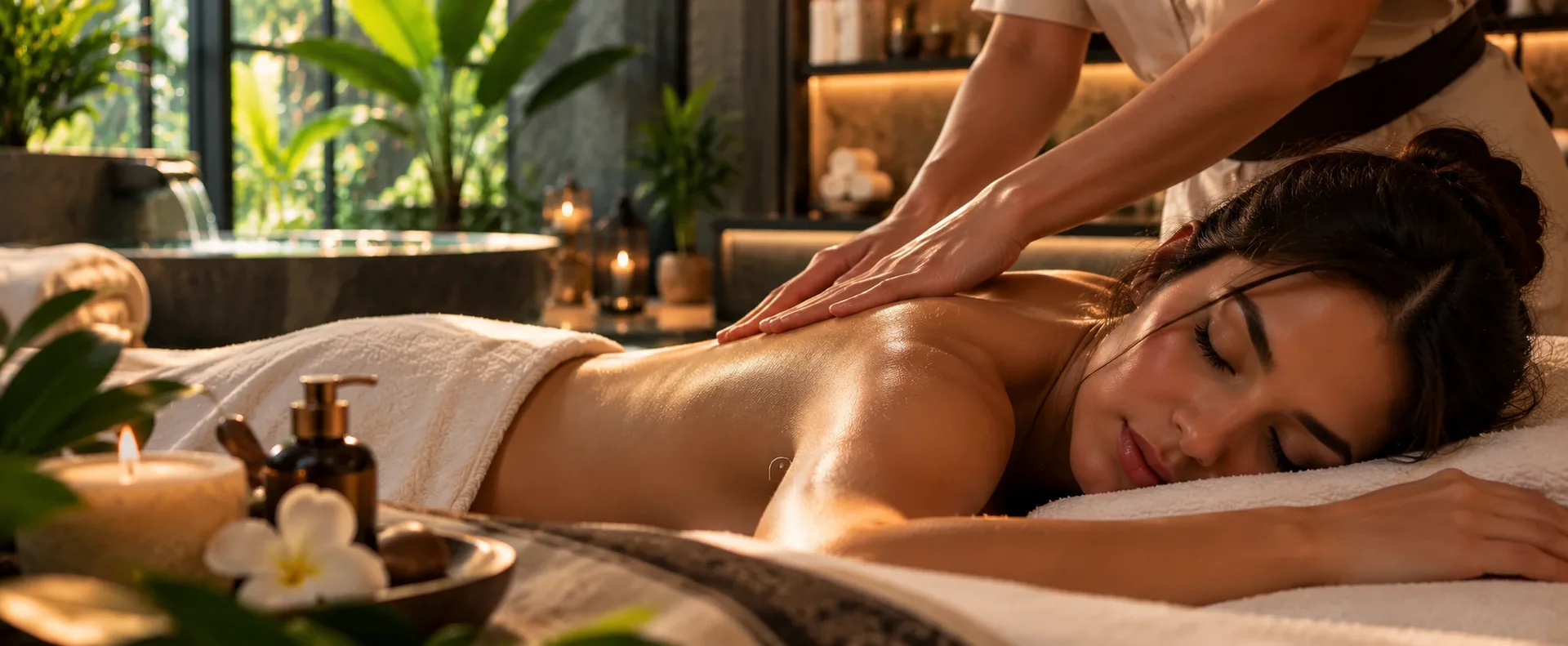 Guest receiving a relaxing massage from a therapist in a candlelit treatment room at RYOKO Massage Center in Al Barsha, Dubai