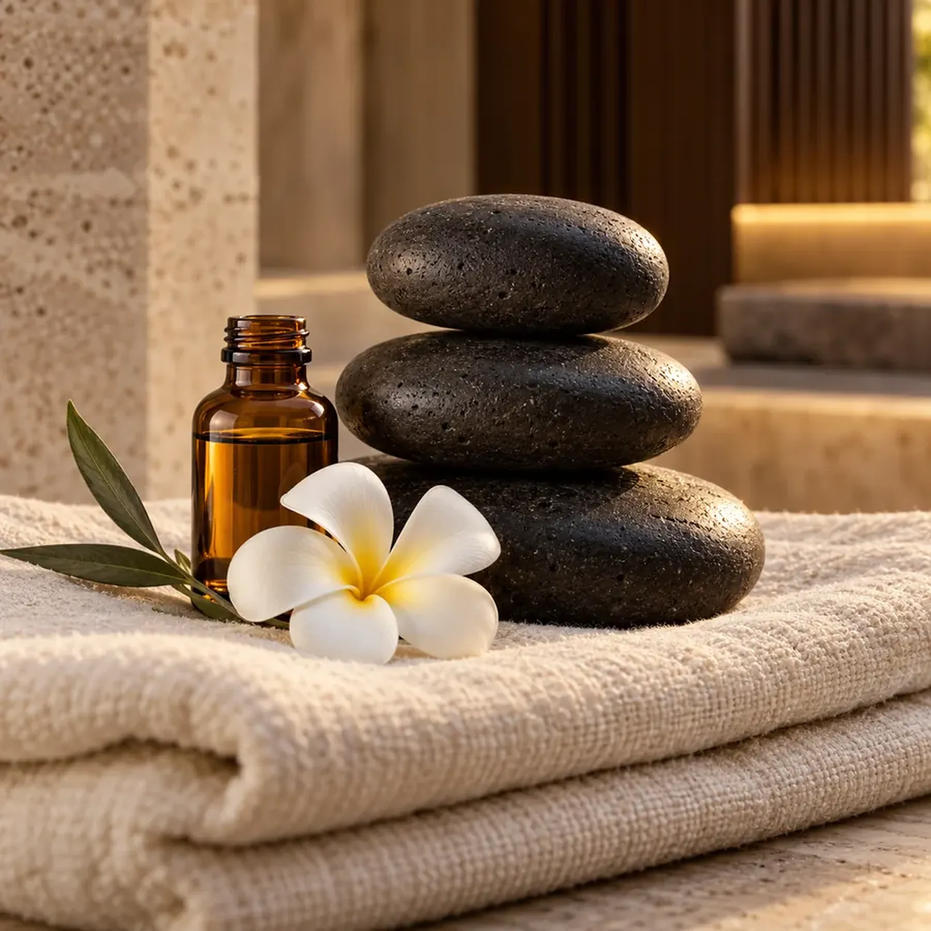 Hot stones, massage oil and towels