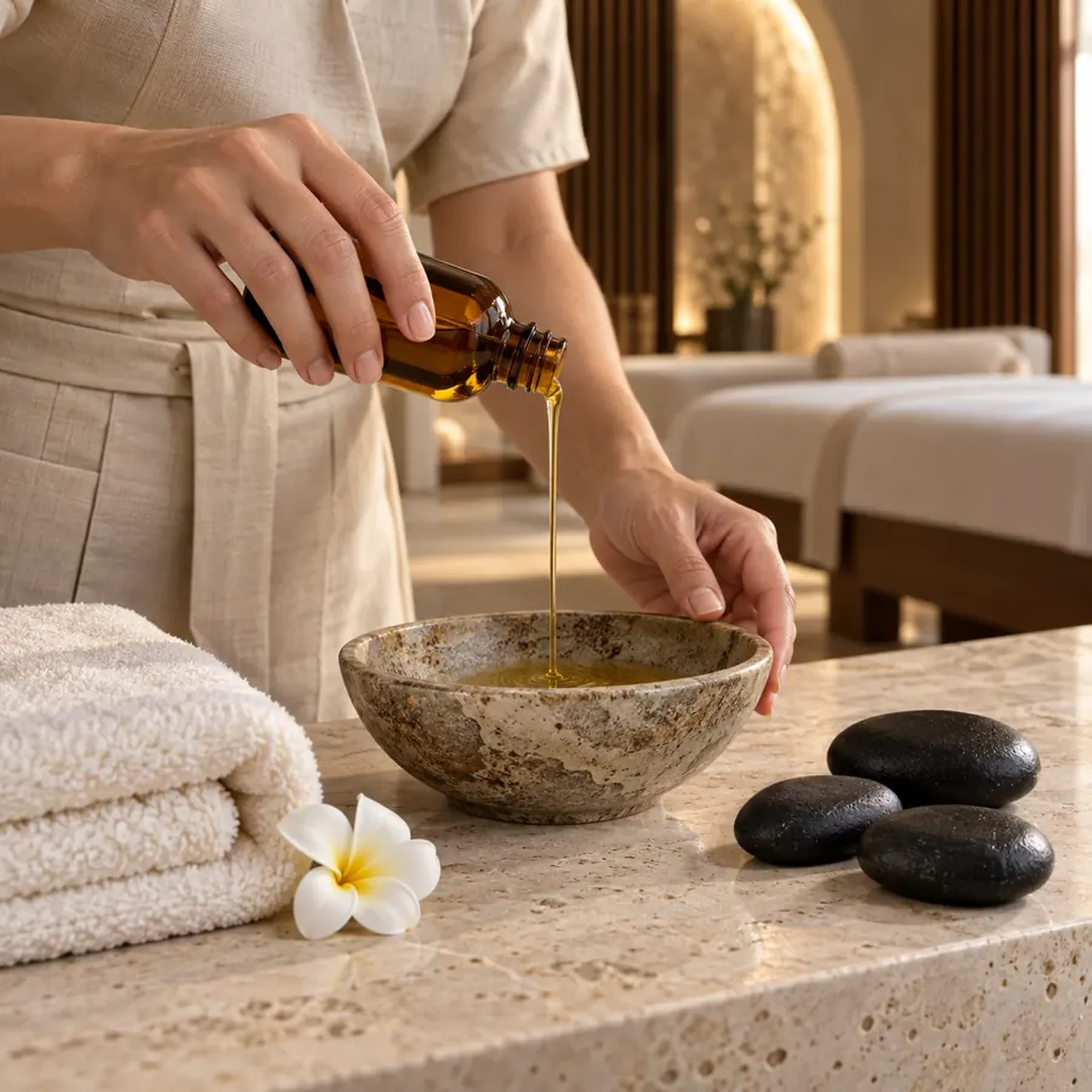 Spa therapist preparing warm massage oil