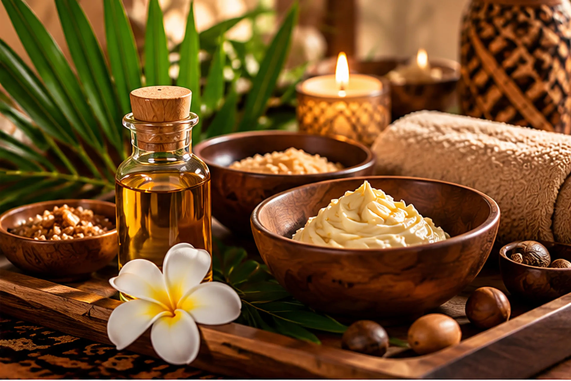 Massage oil and creamy botanical body butter arranged with natural spa accessories on a wooden tray.