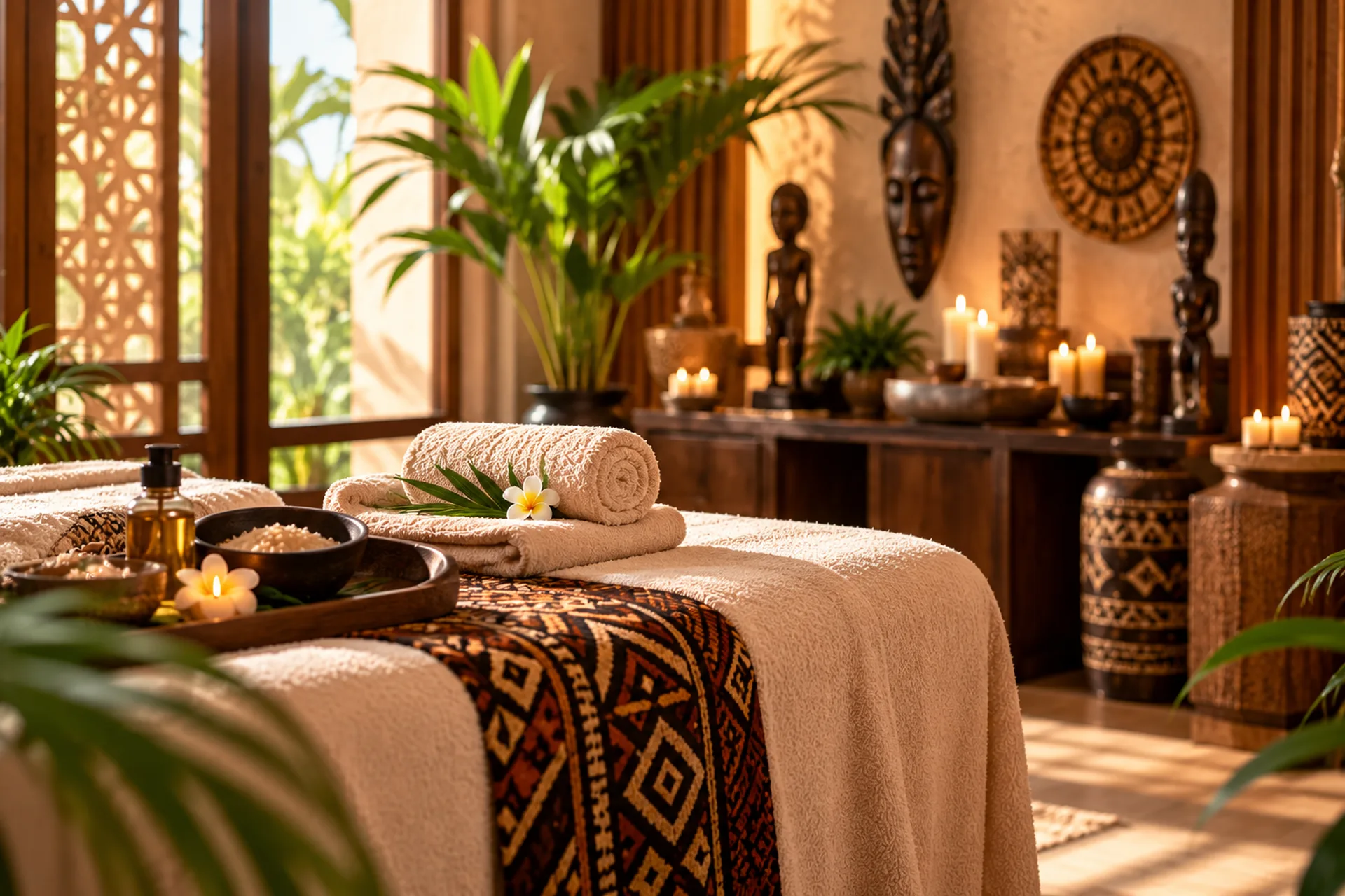 African-inspired spa room with a prepared massage table, folded towels, green plants and warm natural light.