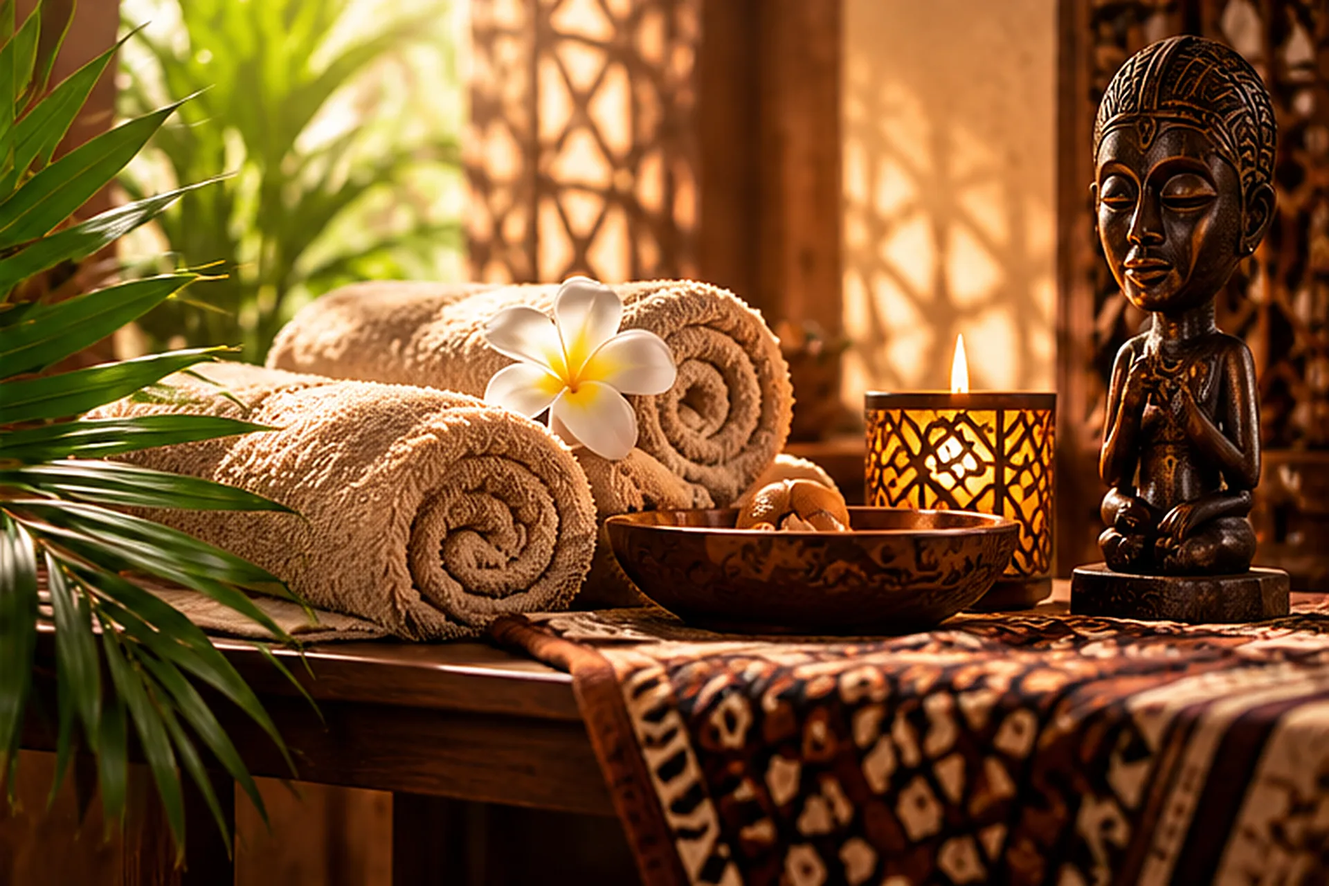 Folded spa towels beside a candle, tropical leaves and patterned décor in a quiet African-inspired treatment room.