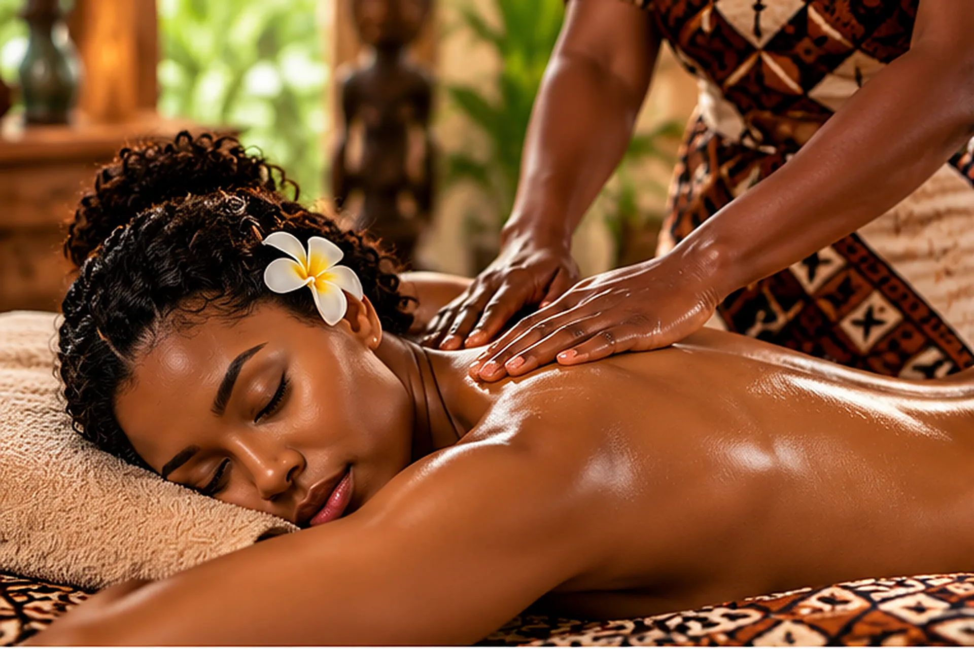 Female therapist applying steady hand pressure to the upper back of a woman during an African-inspired massage.