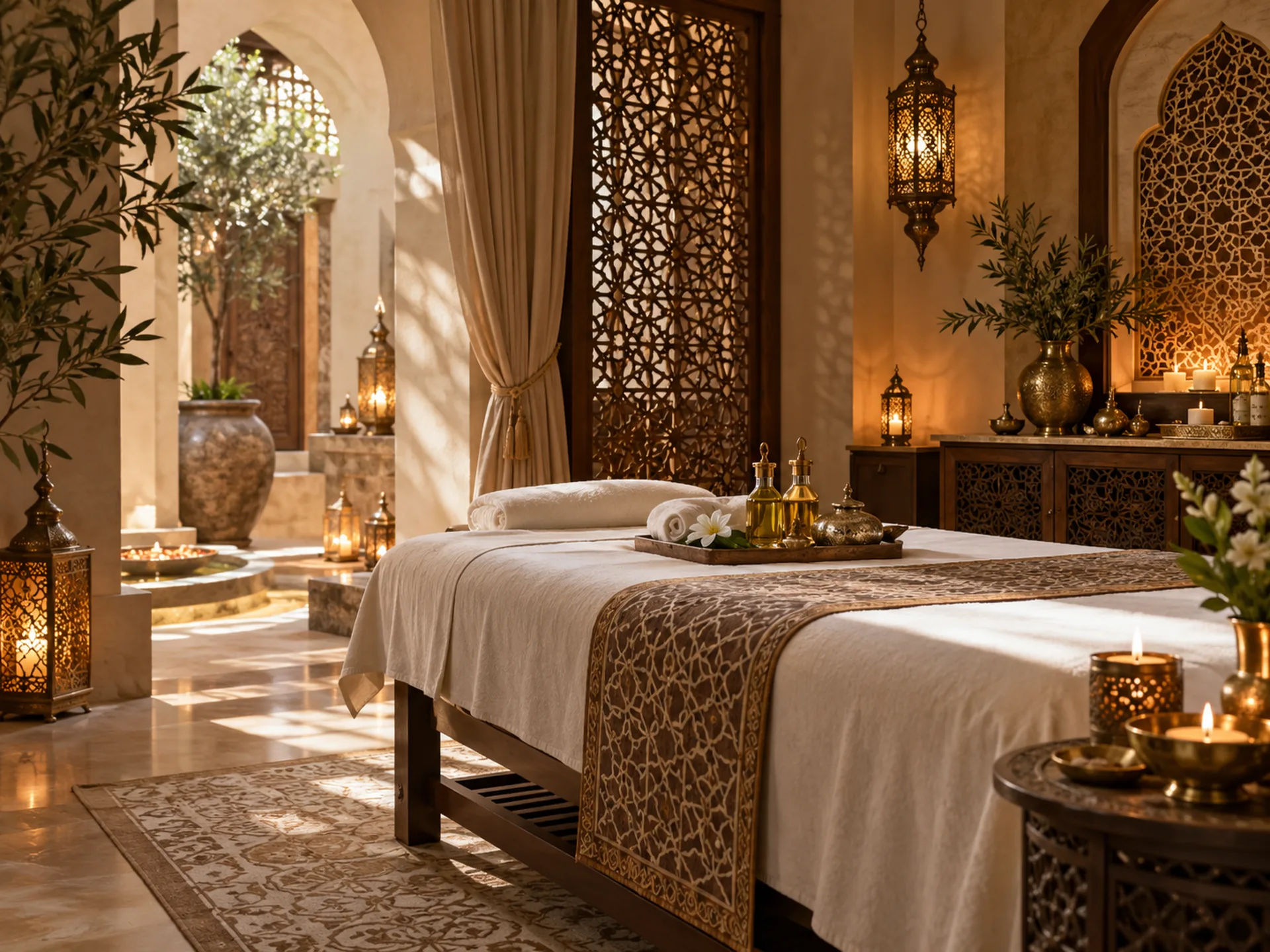 Arabic-inspired spa treatment room with a cream massage bed, carved wooden screens, brass lanterns and soft daylight.