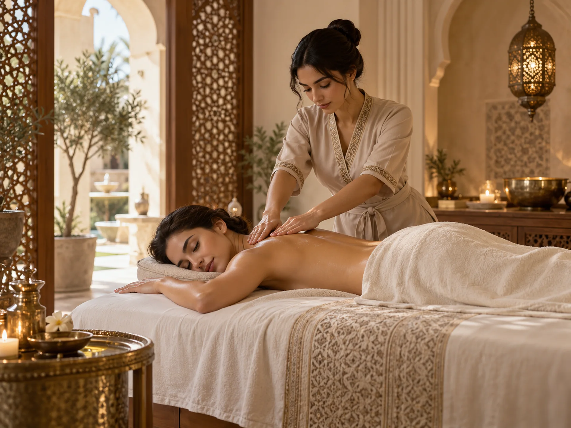 Female therapist gently massaging a guest’s shoulders and back in a private Arabian-inspired spa treatment room.