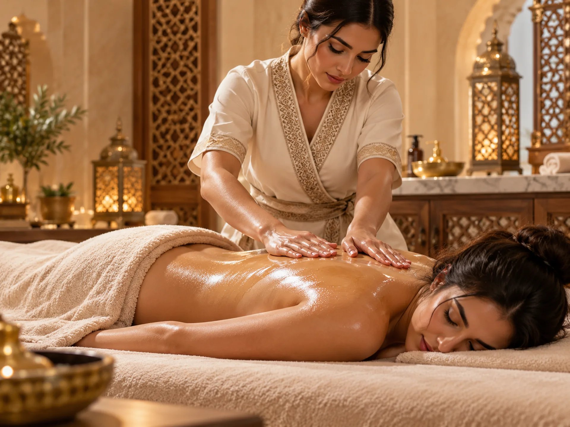 Therapist applying smooth, gentle oil massage strokes along a guest’s back in an Arabic-inspired spa room.