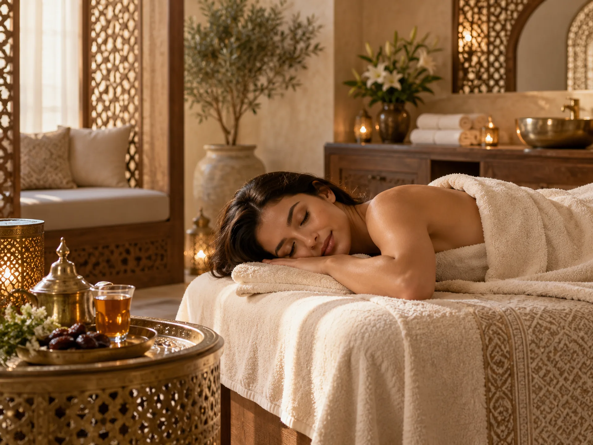Woman resting peacefully under a cream towel beside a tray of tea and dates in a calm Arabic-inspired spa room.