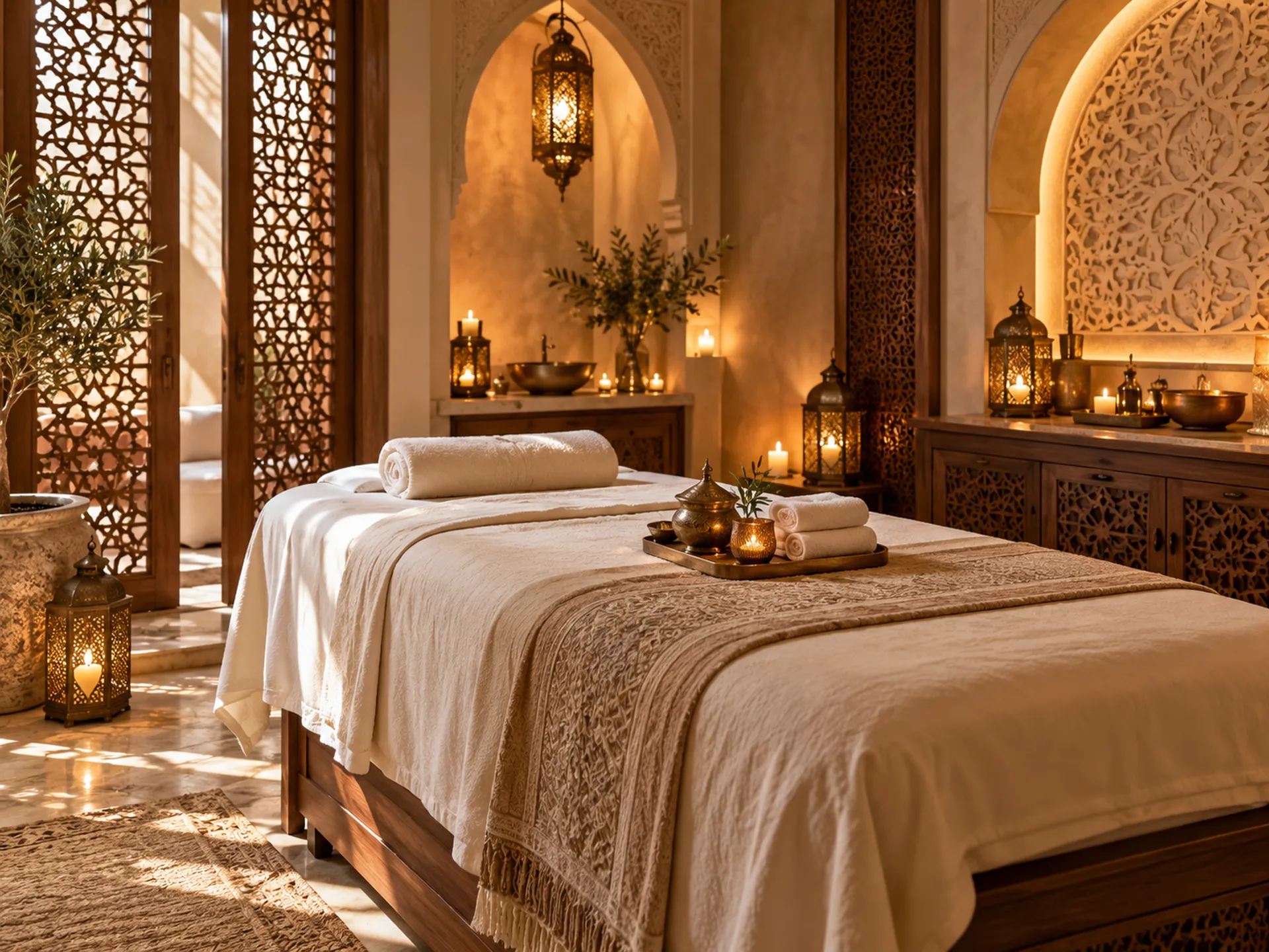 Warm Arabic-inspired massage room with a made-up treatment bed, folded towels and softly glowing brass lanterns.