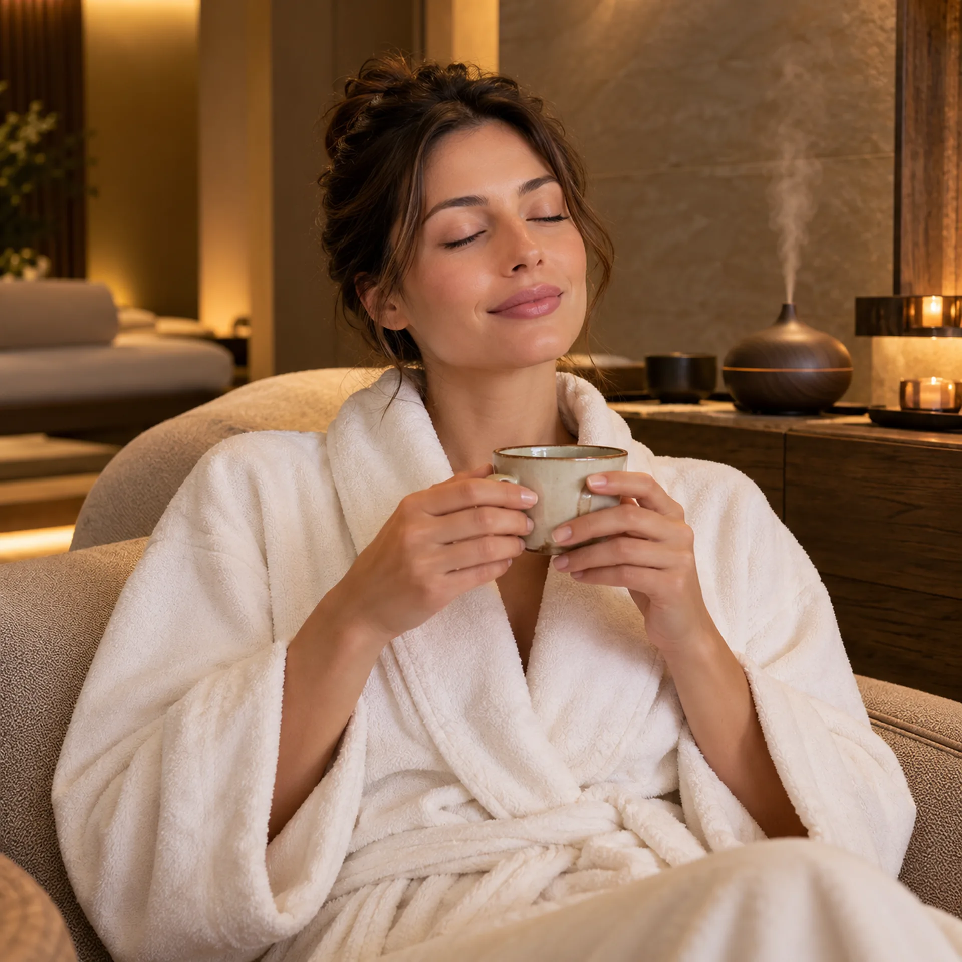 Guest enjoying tea after an aromatherapy massage in a peaceful spa lounge