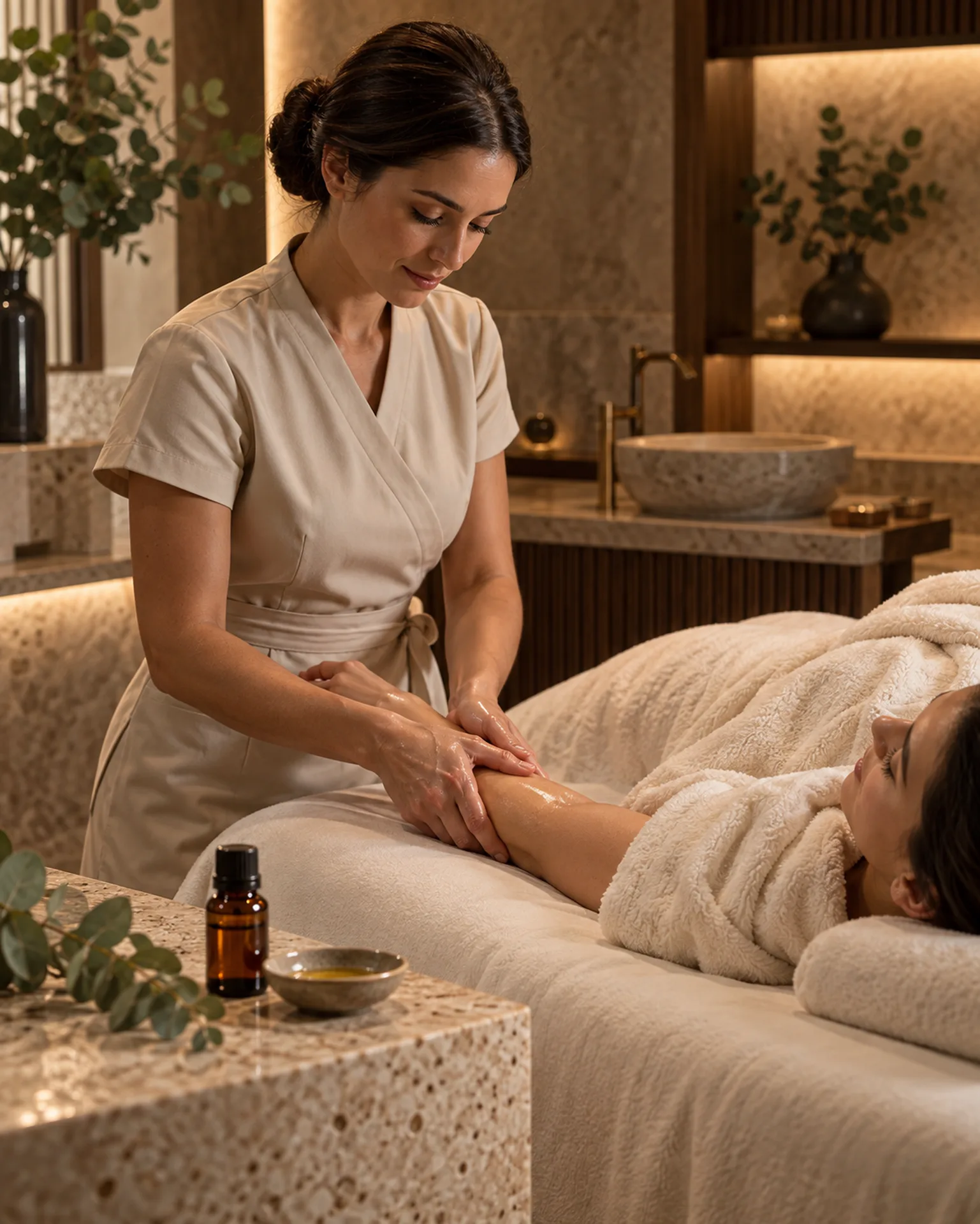 Therapist applying aromatic oil during a relaxing forearm massage at RYOKO spa