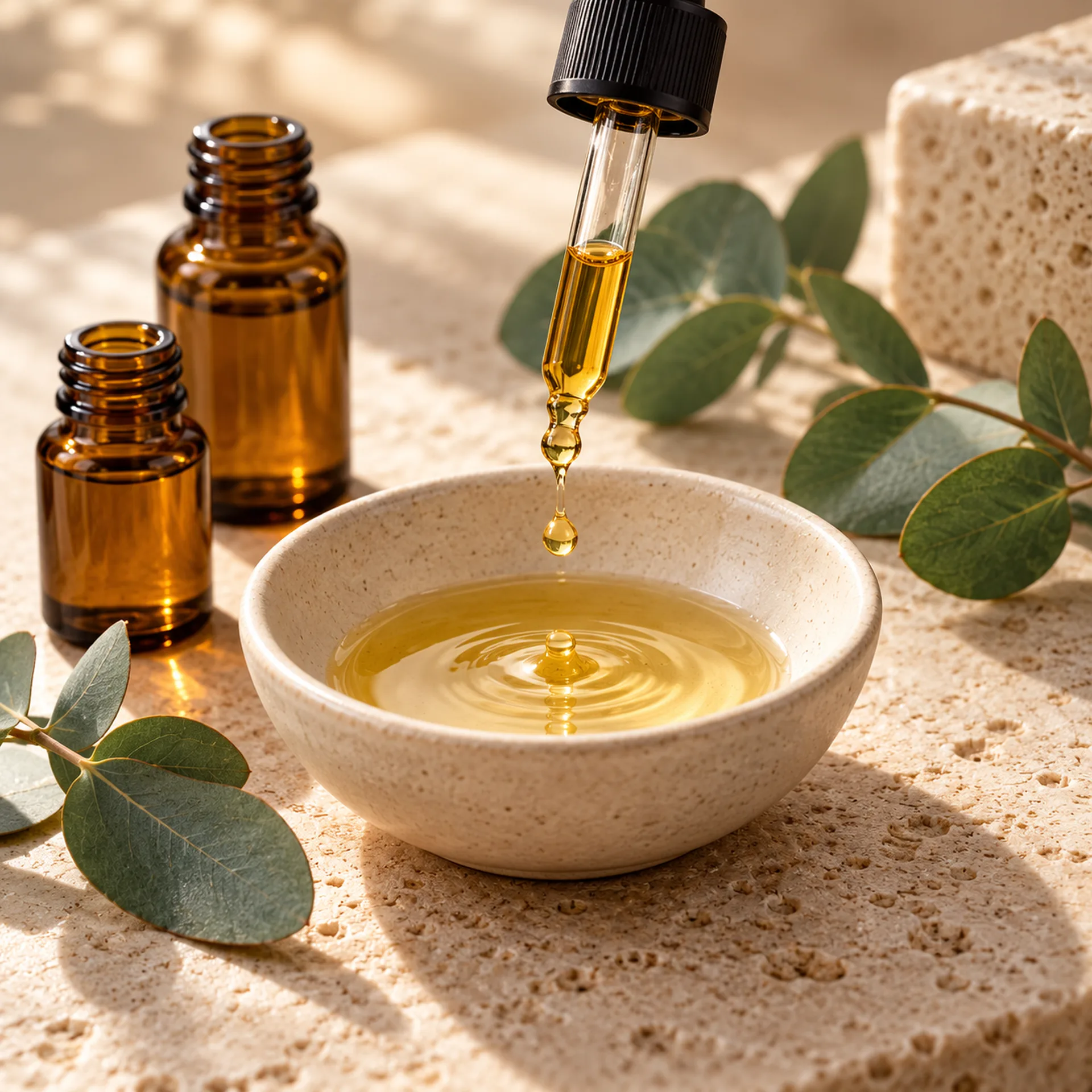 Golden aromatic oil drops into a ceramic blending bowl beside essential oil bottles