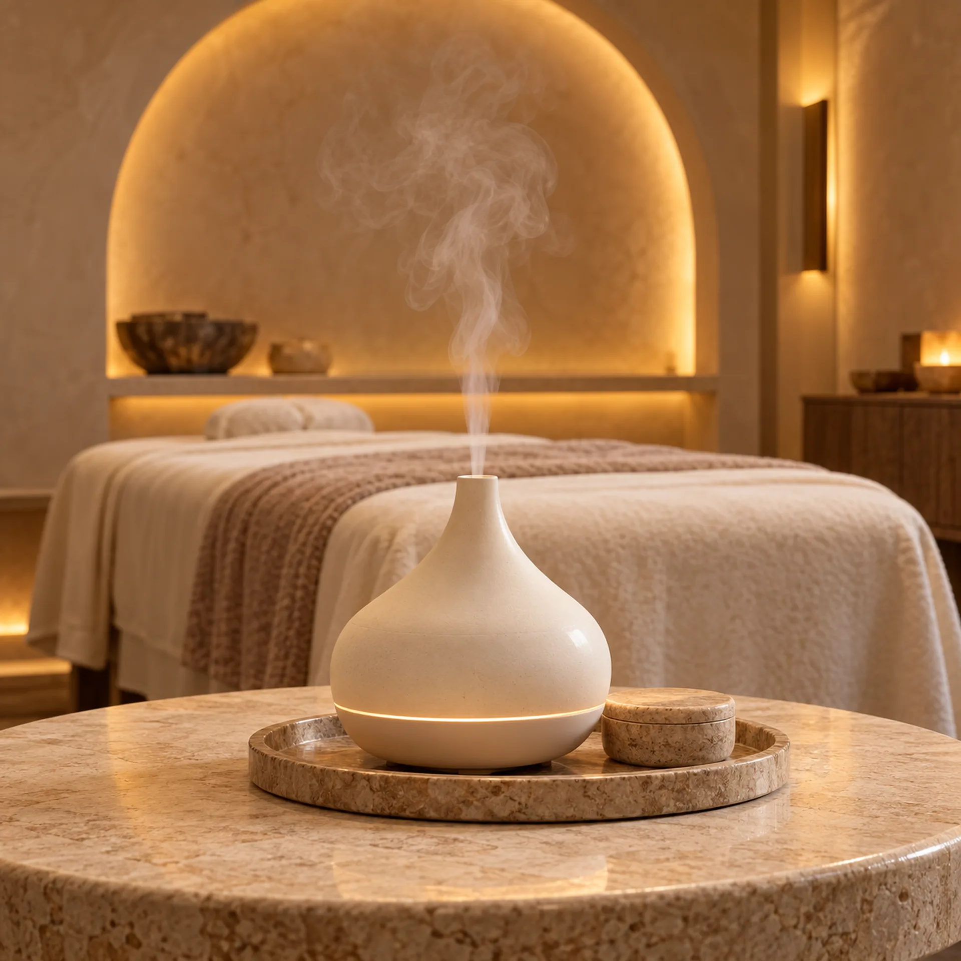 Aroma diffuser in a softly lit private spa treatment room