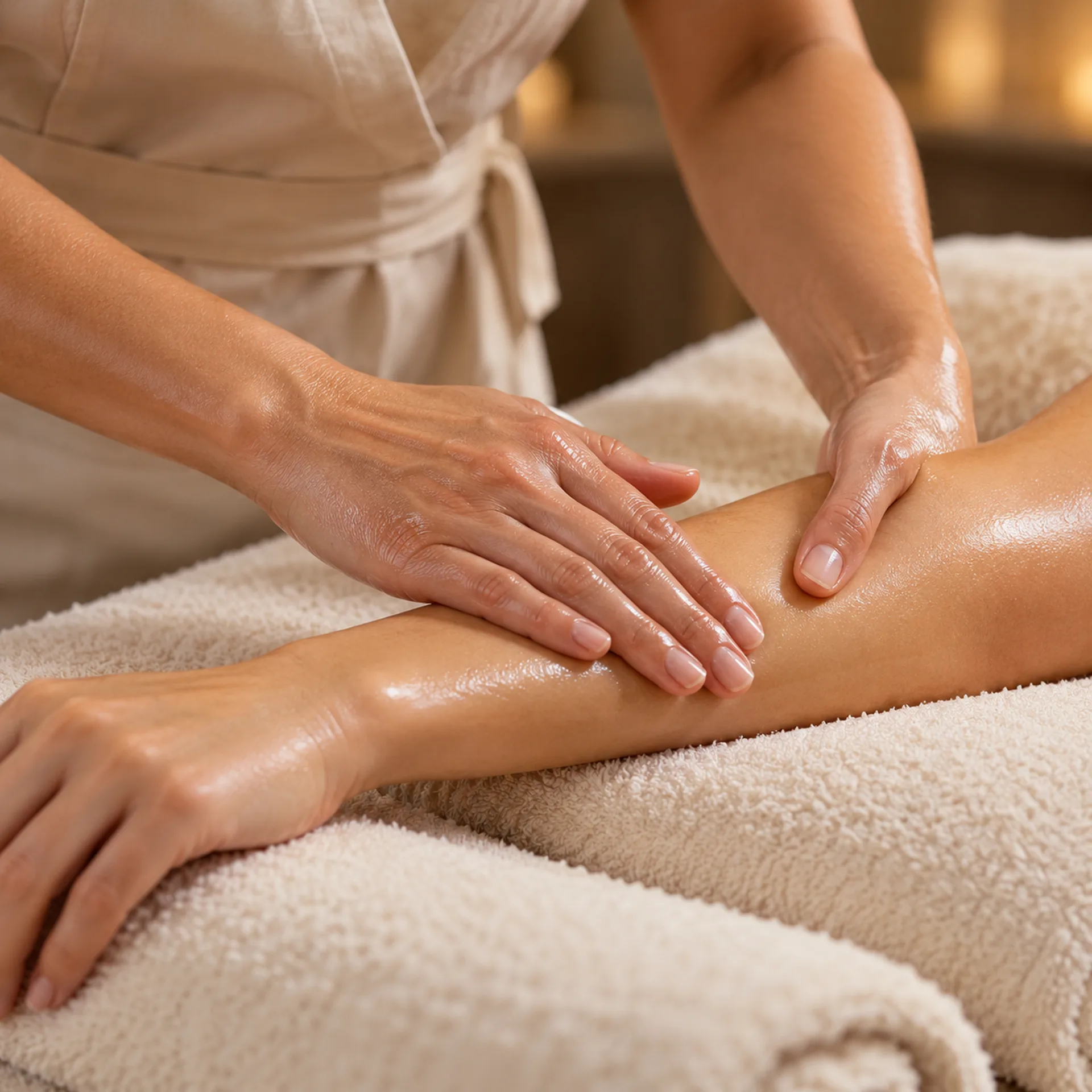 Therapist gently massaging a guest’s forearm with aromatic oil