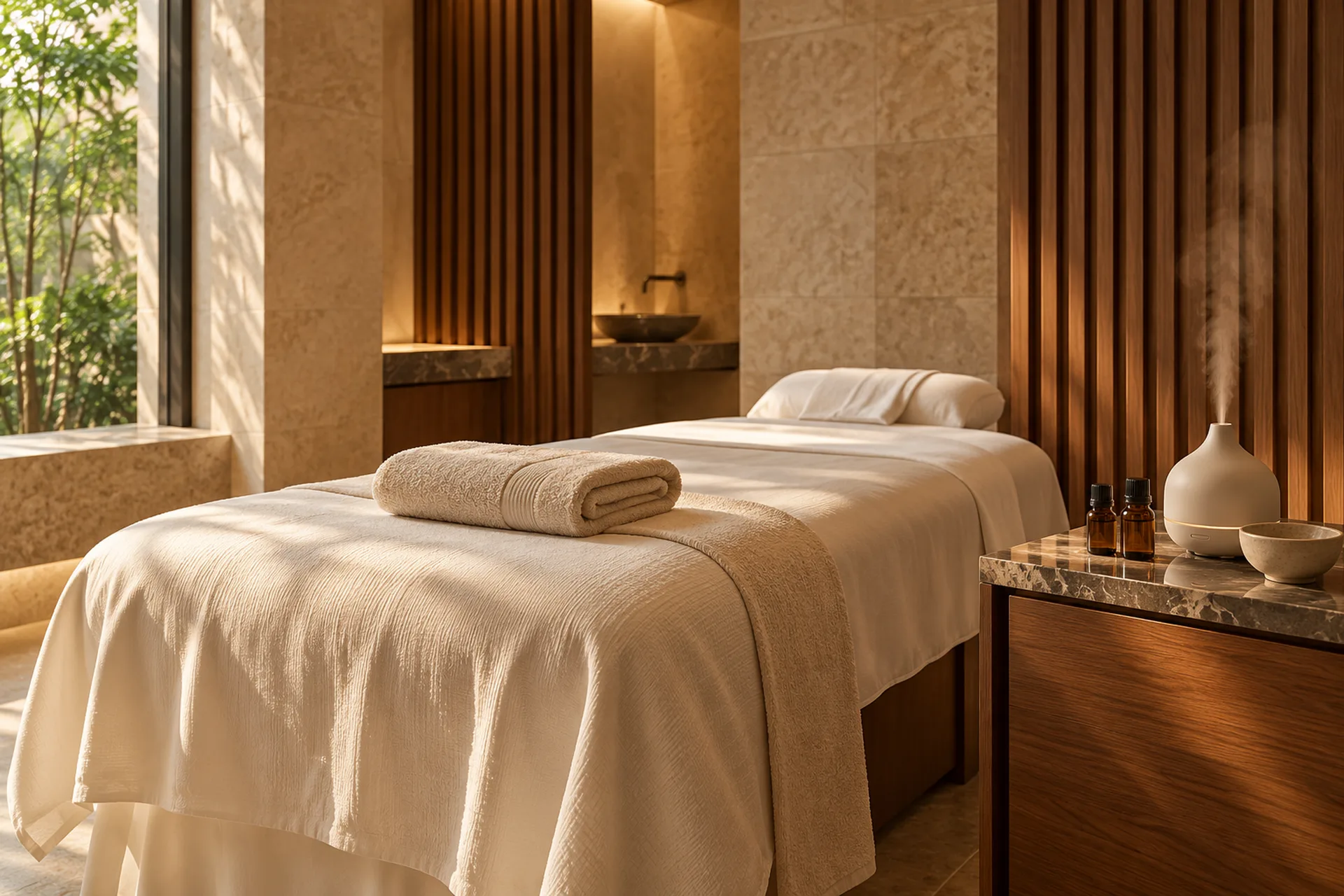 A private spa treatment room prepared with aromatic oils and fresh linens