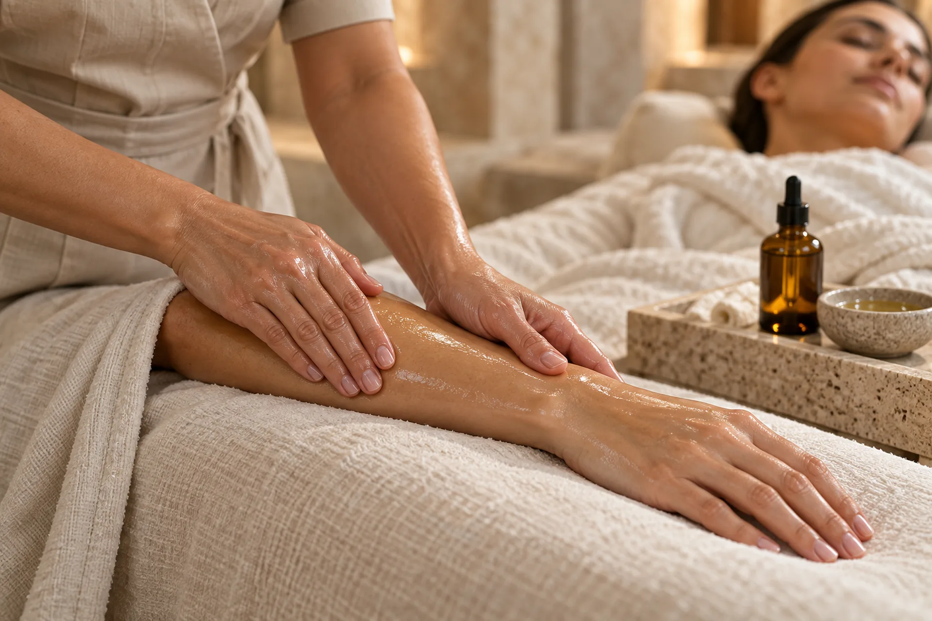 Therapist performing a gentle aromatherapy massage using aromatic oil