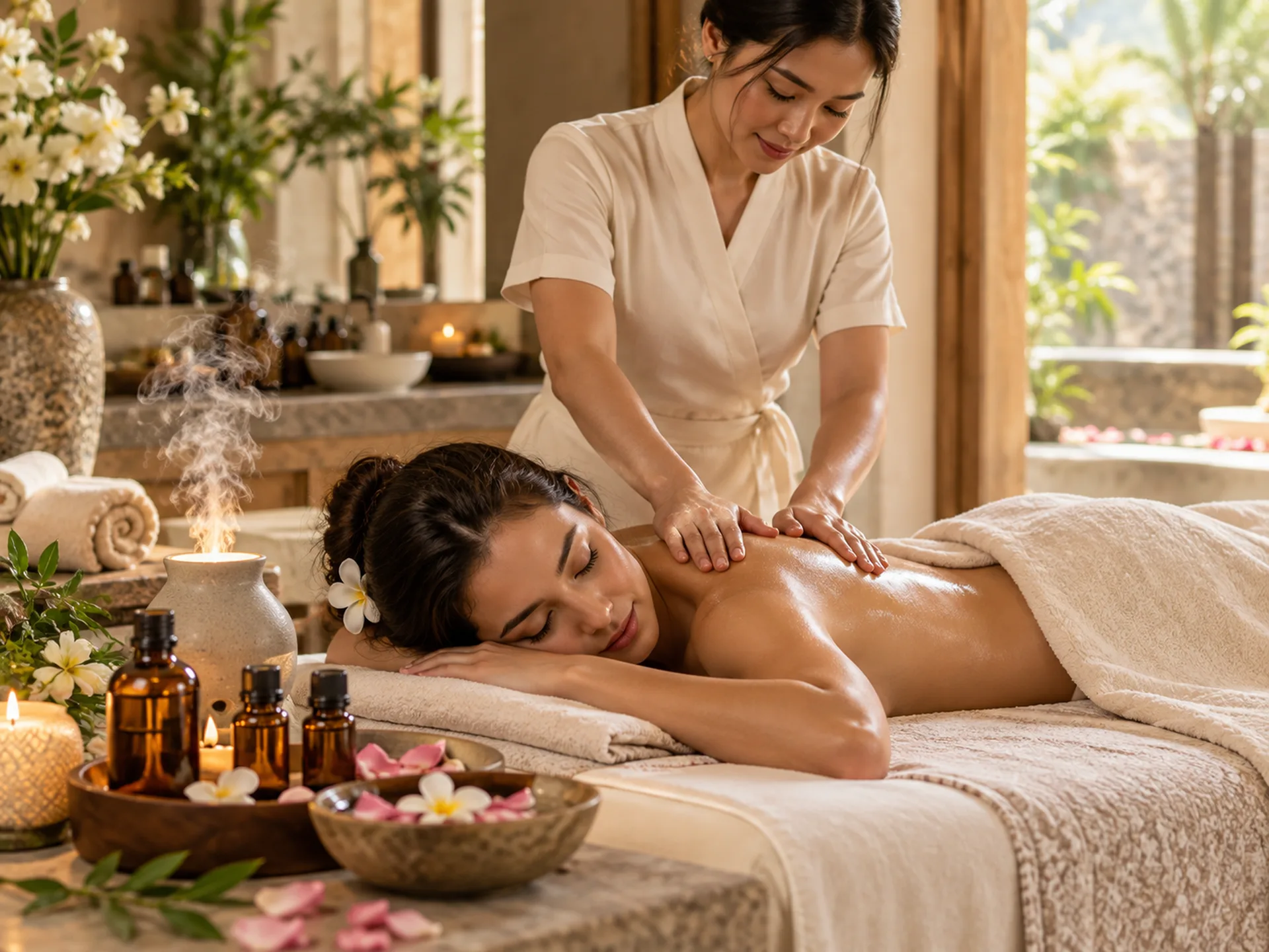 Woman enjoying an aromatherapy massage with essential oils in a tranquil spa room.