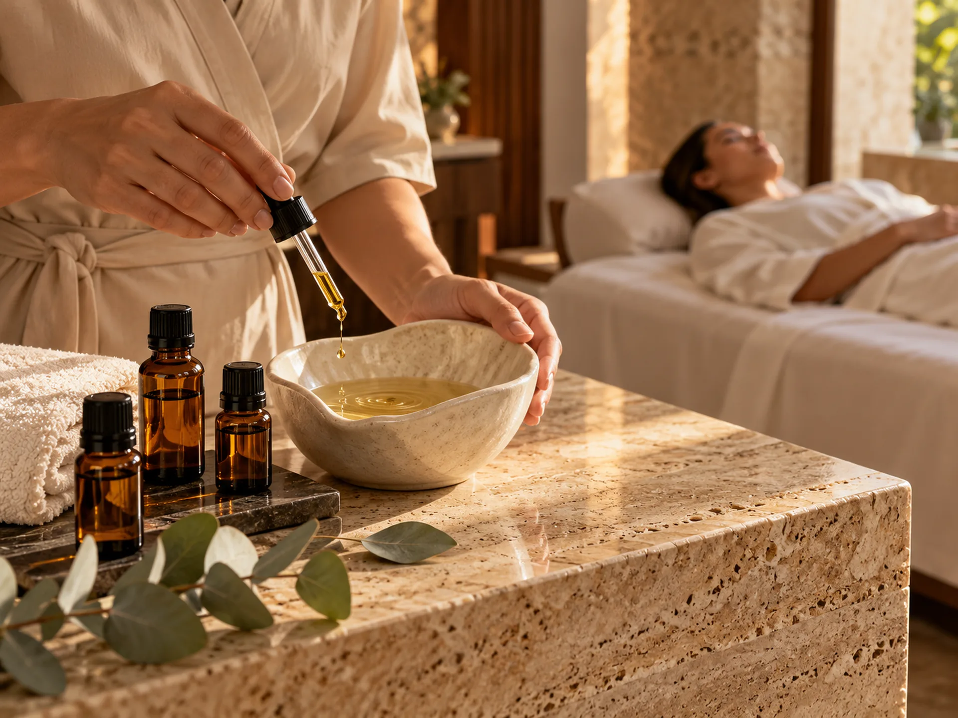 Therapist preparing aromatic oils for a private aromatherapy massage at RYOKO in Al Barsha