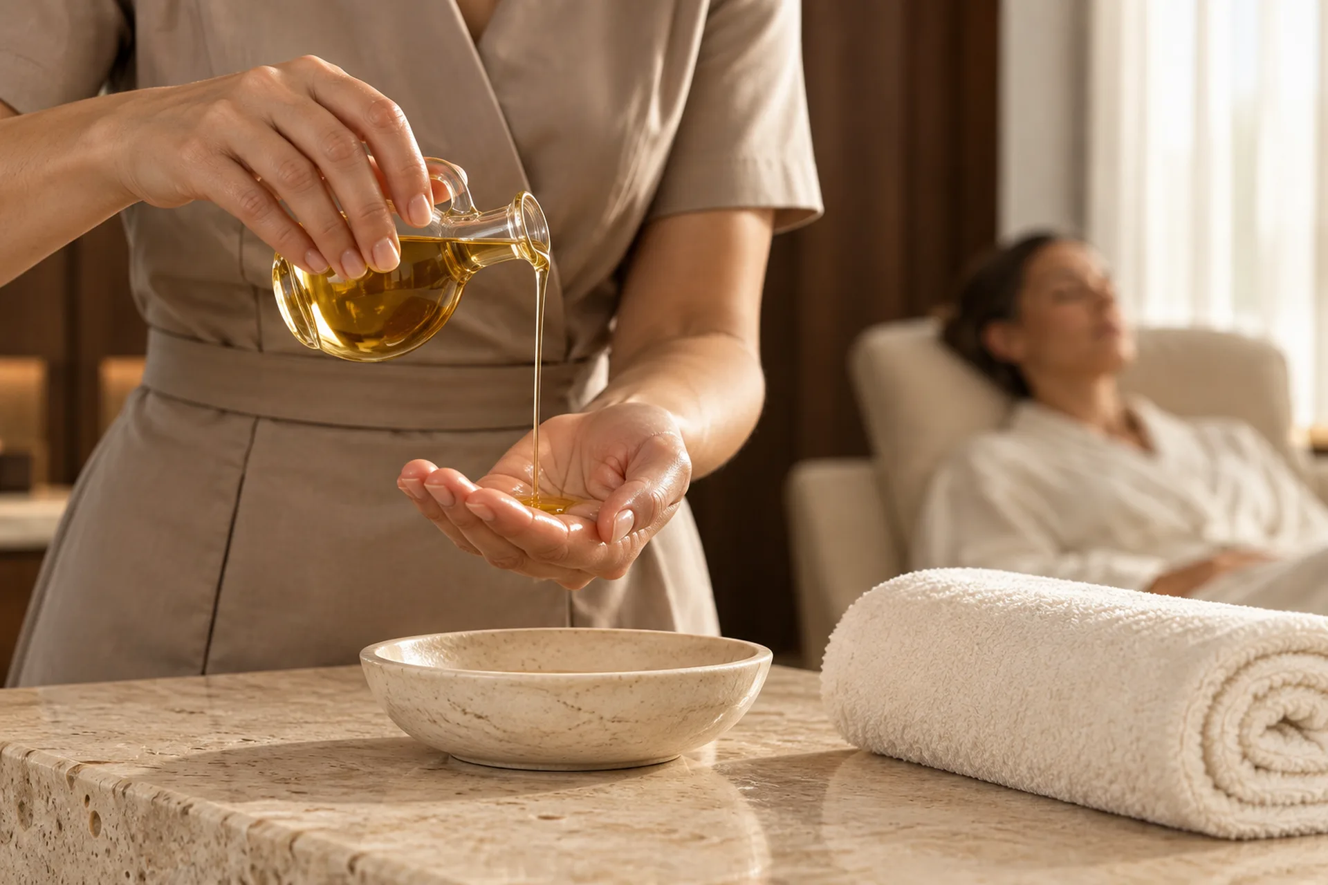 A therapist pouring golden massage oil into her palm before a spa session