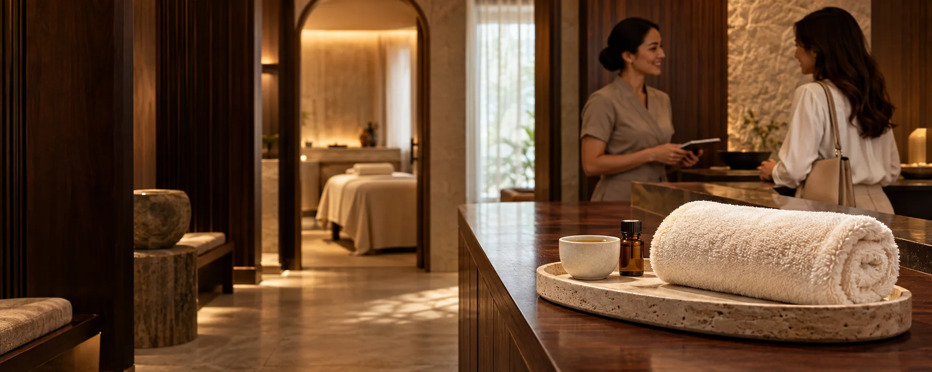 A therapist welcoming a guest at a warm spa reception, with rolled towels in the foreground