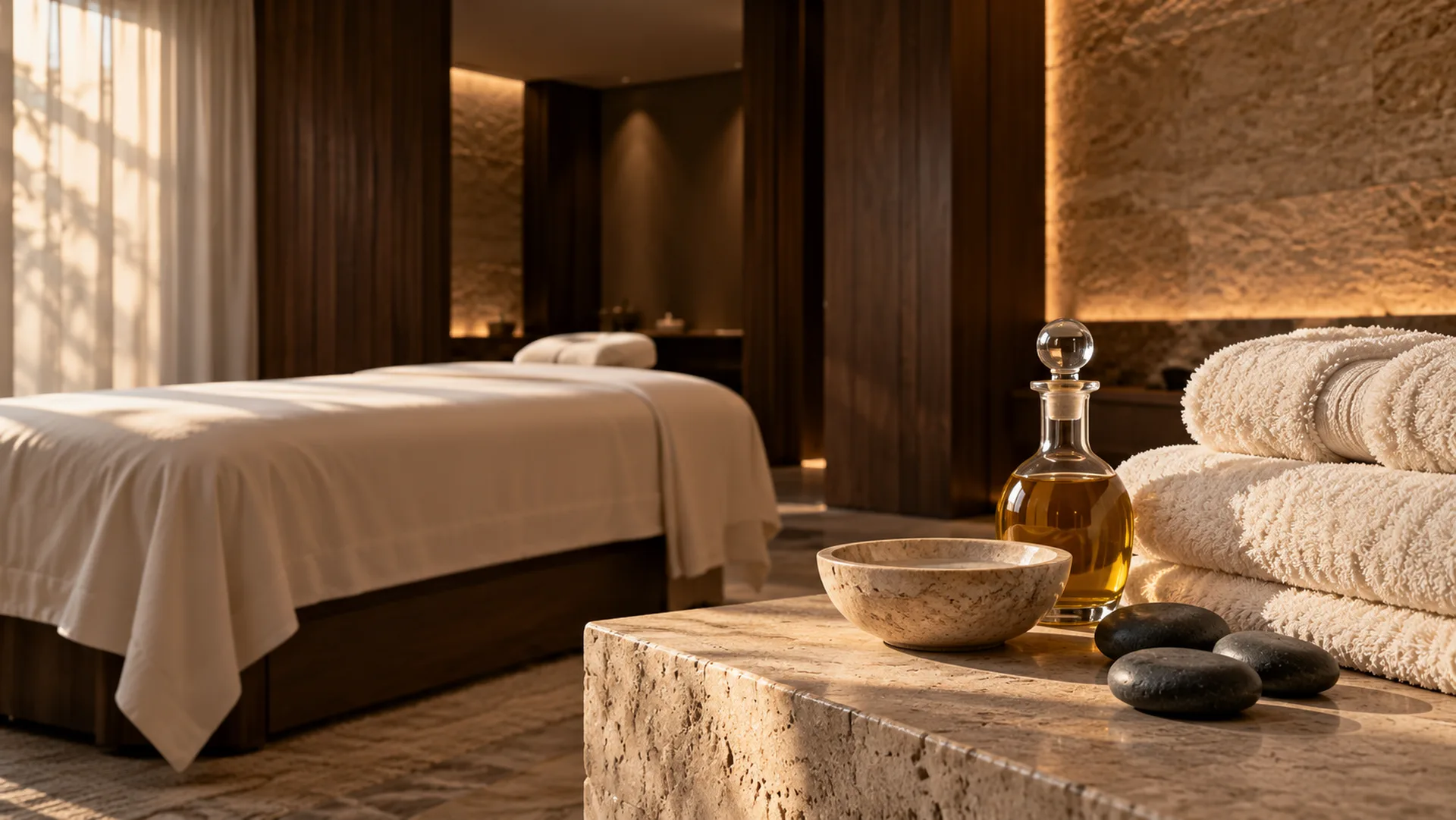 Massage essentials and ivory towels in a warm walnut and travertine spa setting