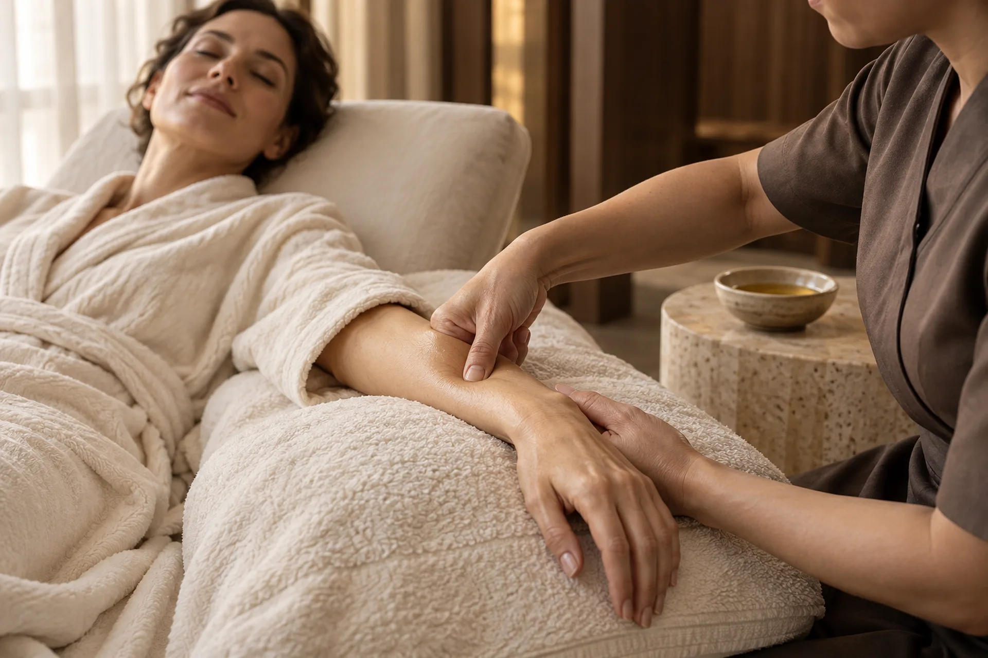 A therapist applying focused pressure to a guest’s forearm during a massage