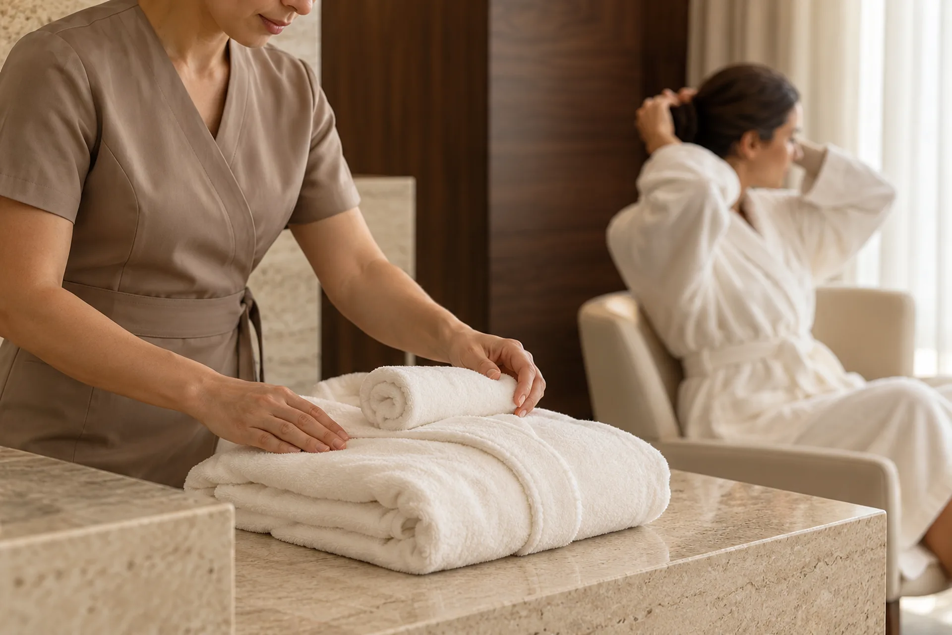 A therapist preparing a robe and towel while a guest arranges her hair before a spa session