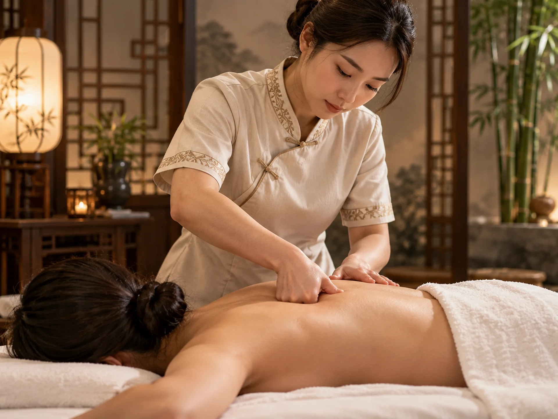Female therapist applying targeted hand pressure to the upper back during a Chinese-inspired massage