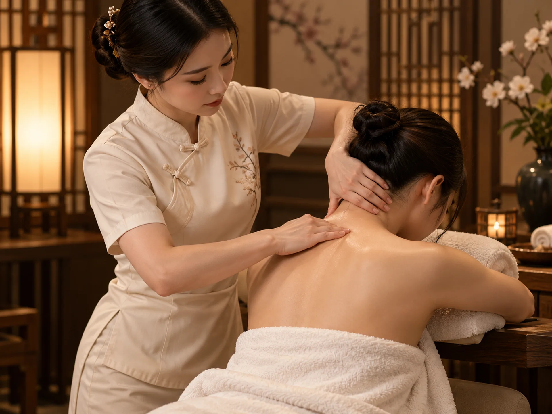 Female therapist massaging a seated guest’s neck and upper shoulders in a Chinese-inspired spa room