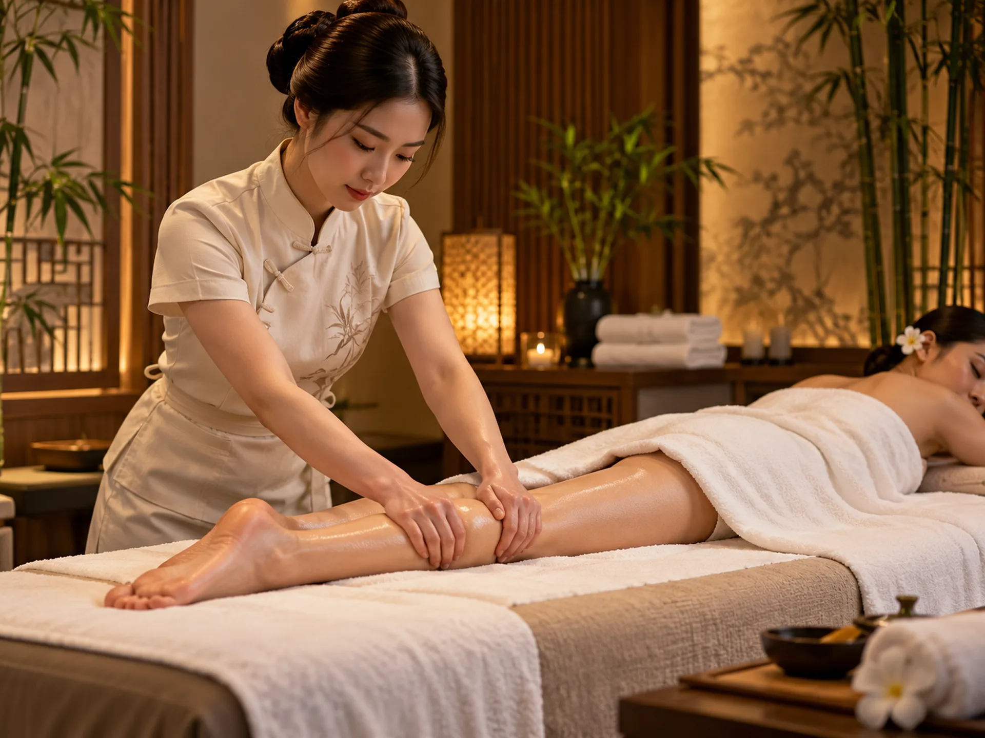 Female therapist massaging a guest’s lower leg in a calm Chinese-inspired spa room