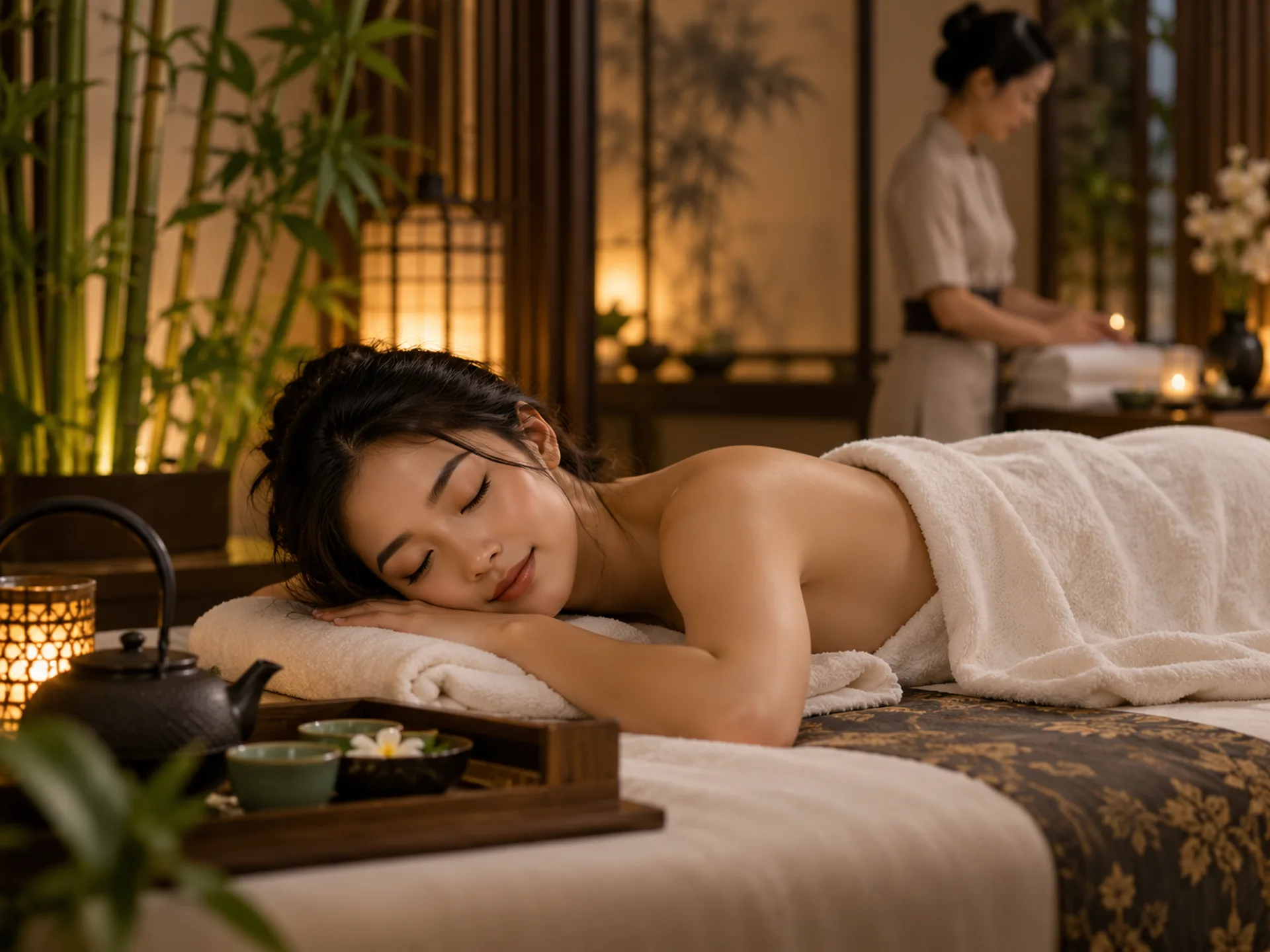 Guest resting peacefully on a massage table while the therapist prepares towels in the background