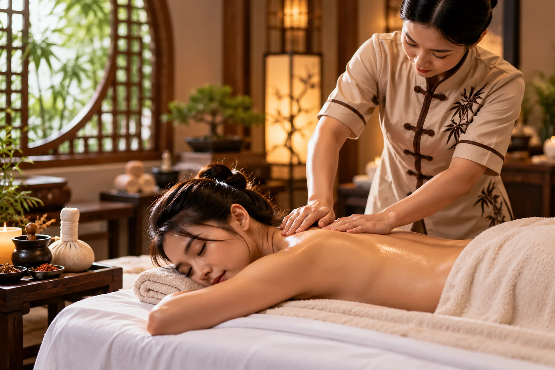 Female therapist performing a focused upper-back massage in an elegant Chinese-inspired treatment room
