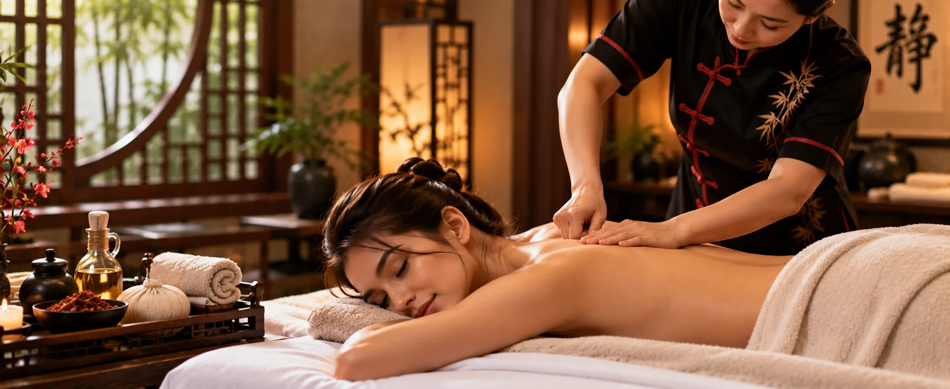Chinese-inspired massage session with a female therapist applying focused shoulder pressure in a tranquil spa setting